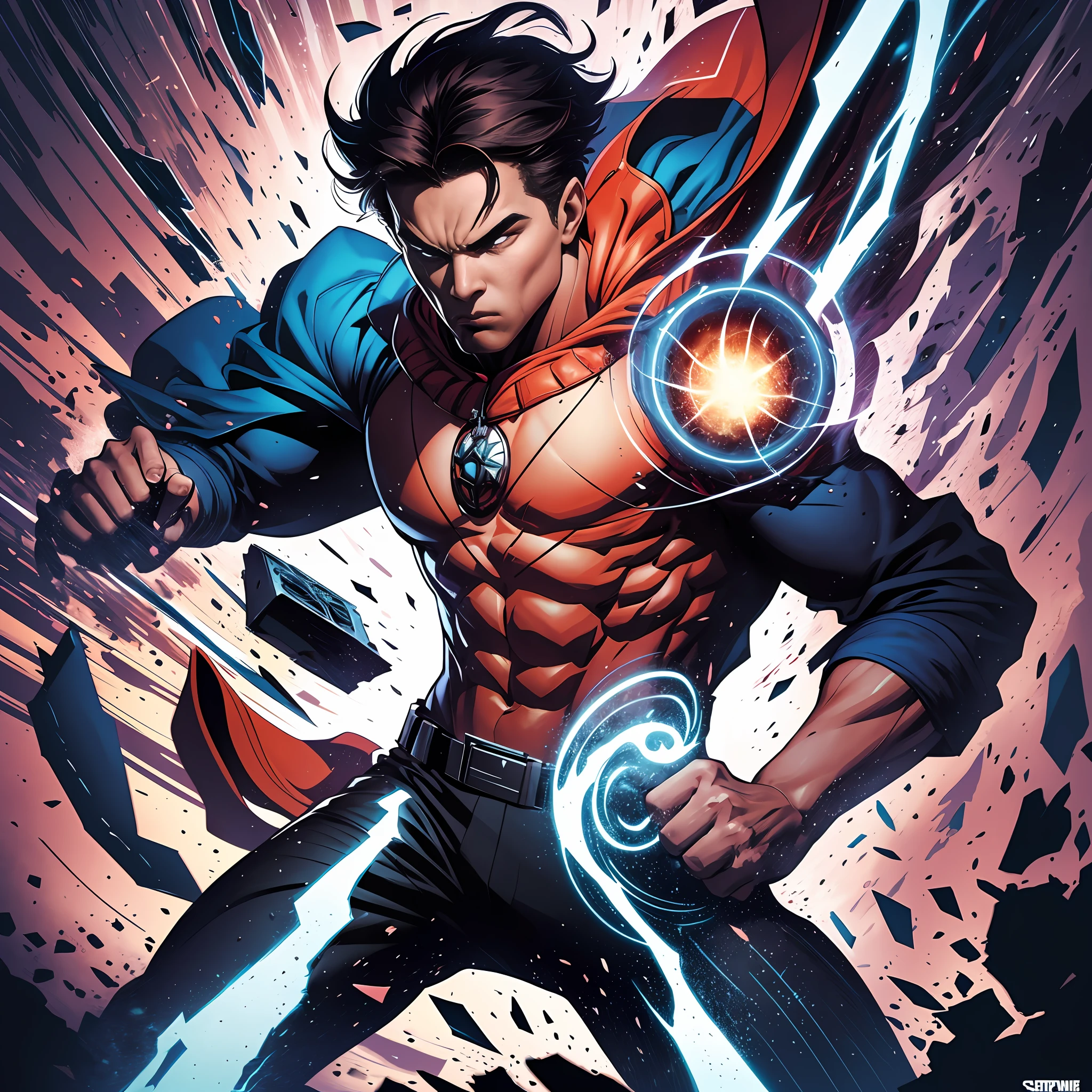 "A man wielding supreme power, toppling everything in his path, in a graphic art design. The man should embody raw power, determination, and control, making his strength palpable even through a static image. His action should be dynamic, perhaps caught mid-swing in a forceful motion that conveys the sheer force he possesses. The art should be created in a bold, graphic style, possibly using contrasting colors for impact. The size should be suitable for a poster design, about 24x36 inches, and have a high resolution of 300 DPI. The lighting should be dramatic, emphasizing the intensity of the scene." --auto --s2
