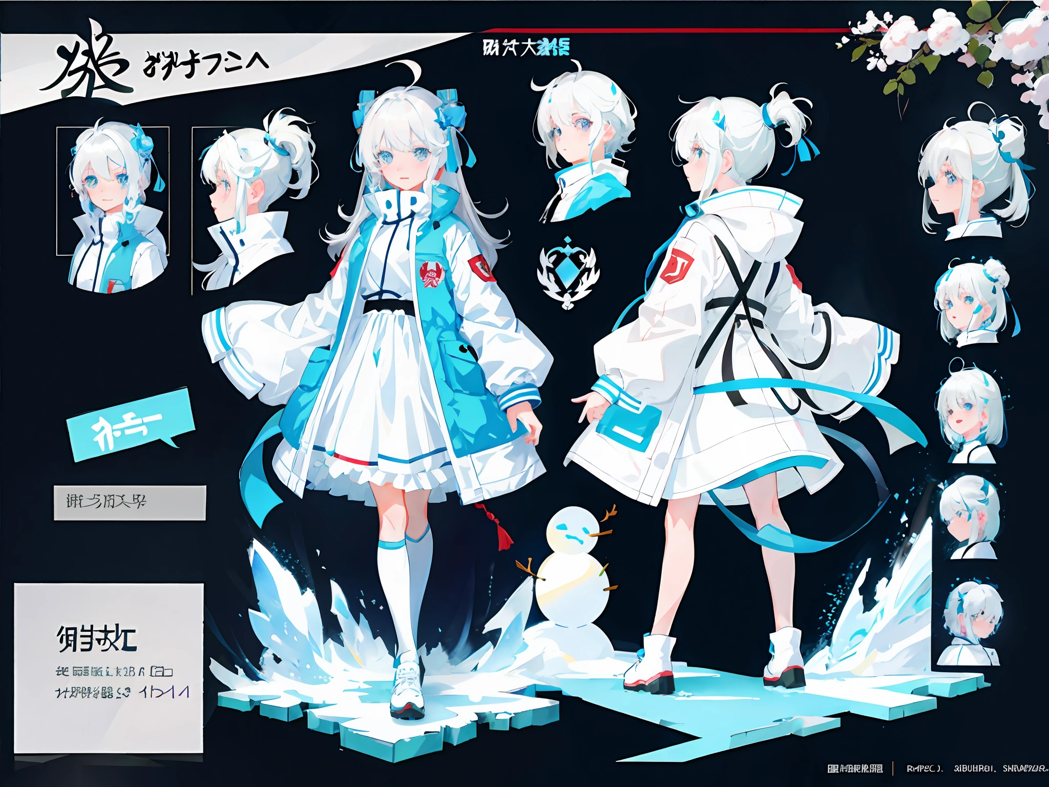 highr， Snowman padded jacket，White color hair，White eyes，standing on your feet，Chinese girl design，Genshin detailed art，Anime character design，anime concept art，pretty anime character design，anime character reference sheet，[character  design]，