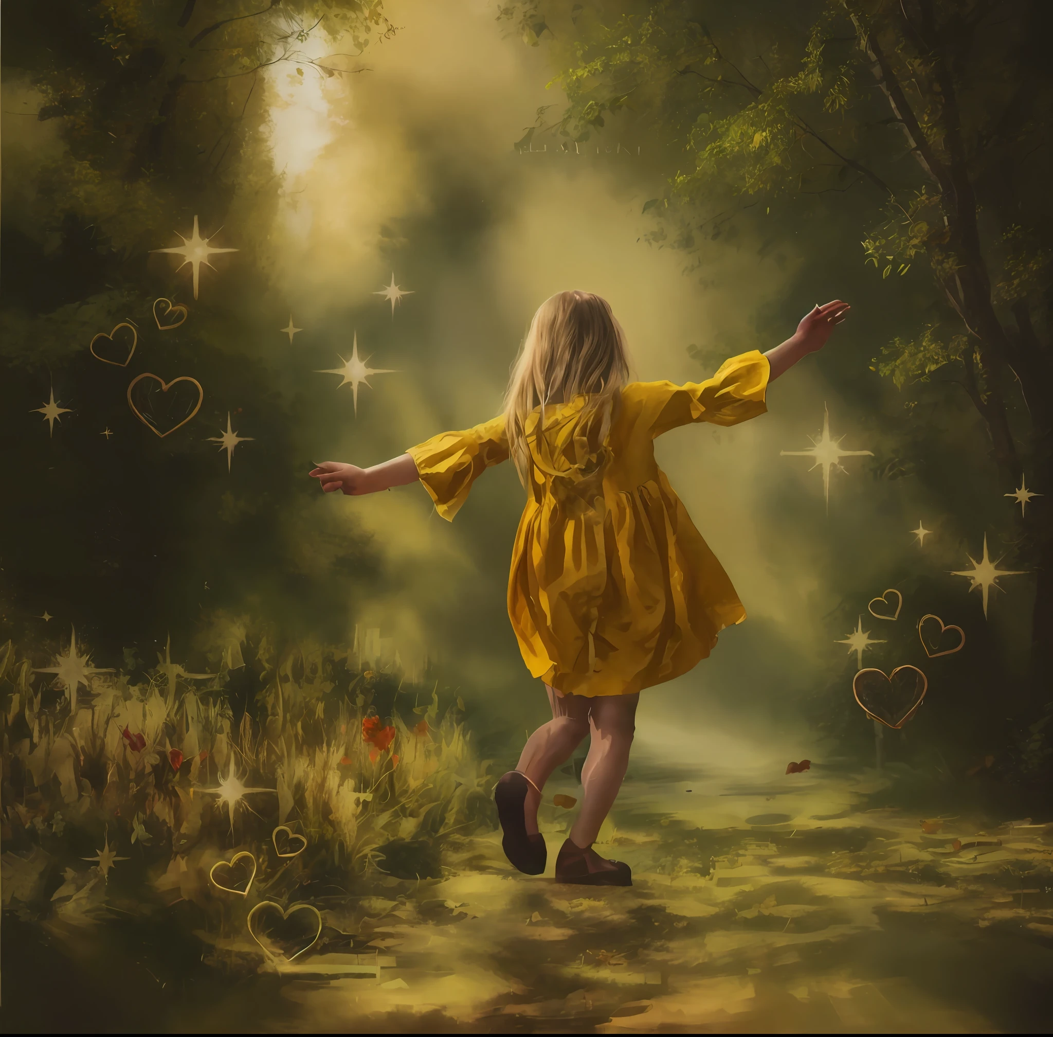 There's a girl who's walking on her back down a path, girl with magical powers, corrente de amor e felicidade, Girl dancing on her back in a field of flowers, Poeira de fadas no ar, Perdidos em uma paisagem de fadas sonhadoras, very magical and dreamy, inspirado em Tom Chambers, Tom Chambers Fotografia, background is celestial, Directed by: Tom Chambers, !!Beautiful!!, arte sonhadora