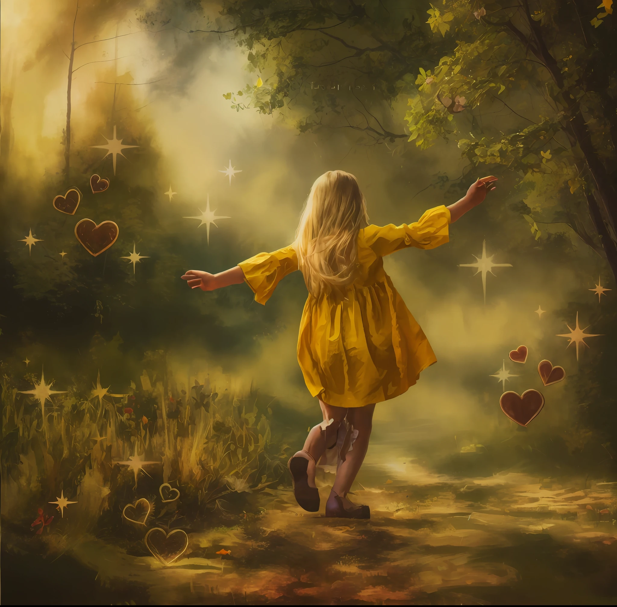 There's a girl who's walking on her back down a path,  girl with magical powers, corrente de amor e felicidade, Girl dancing on her back in a field of flowers, Poeira de fadas no ar, Perdidos em uma paisagem de fadas sonhadoras, very magical and dreamy, inspirado em Tom Chambers, Tom Chambers Fotografia, background is celestial, Directed by: Tom Chambers, !!Beautiful!!, arte sonhadora