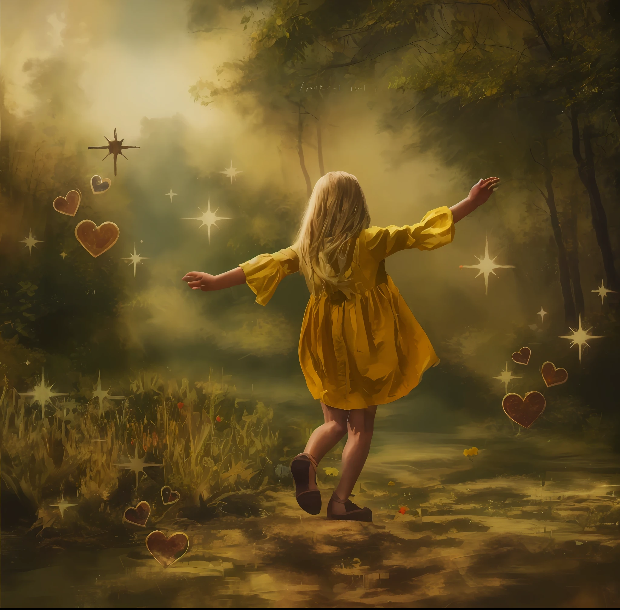 There's a girl who's walking on her back down a path, with magical powers, corrente de amor e felicidade, Girl dancing on her back in a field of flowers, Poeira de fadas no ar, Perdidos em uma paisagem de fadas sonhadoras, very magical and dreamy, inspirado em Tom Chambers, Tom Chambers Fotografia, background is celestial, Directed by: Tom Chambers, !!Beautiful!!, arte sonhadora