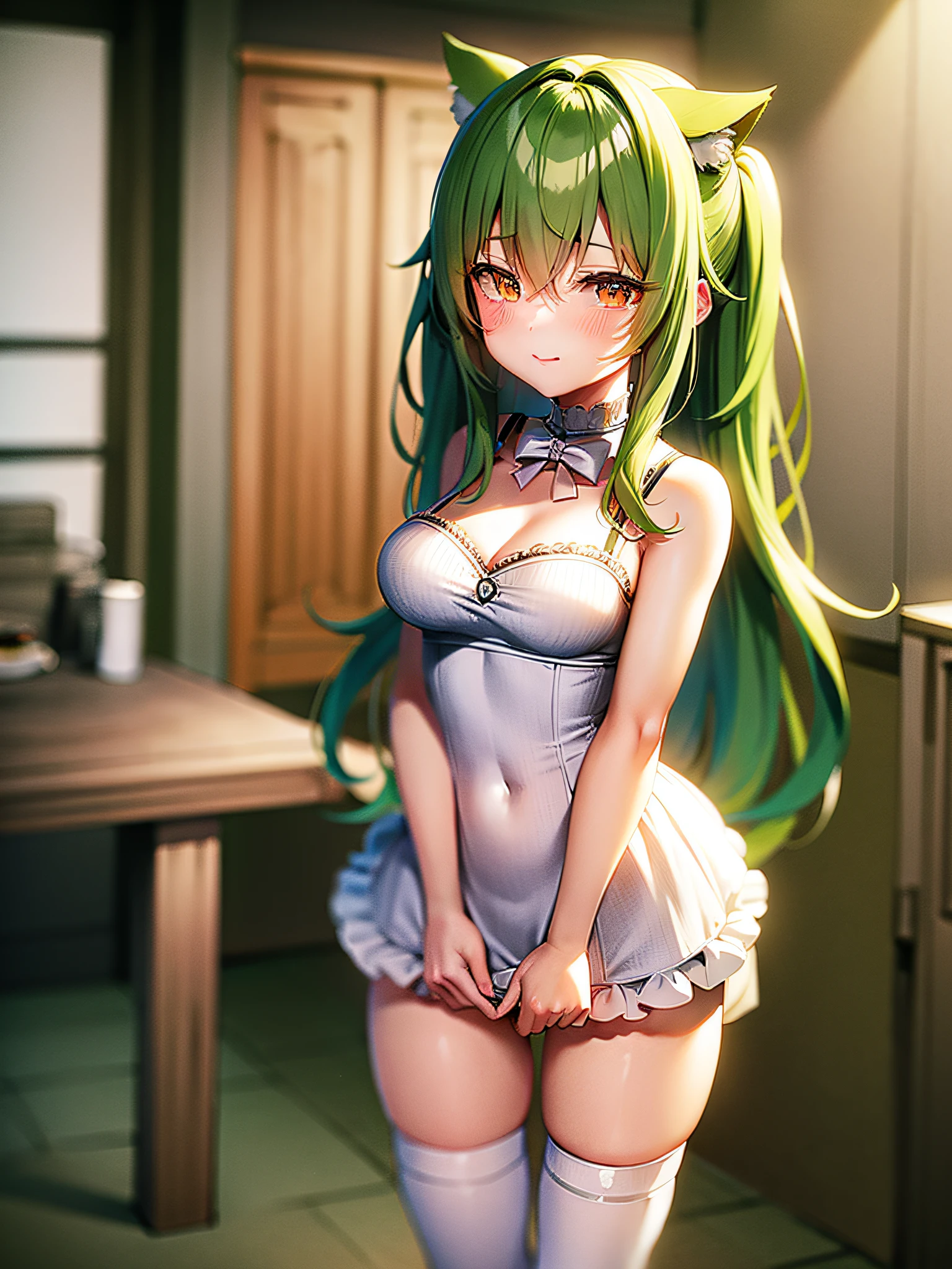 Green hair,Golden pupils,ssmile,Blushlush,long whitr hair,white stockings,cat ear,Green hair band,White hairpin,Qi bangs,ta prostitute,teenrl,Bedrooms,flatchest,