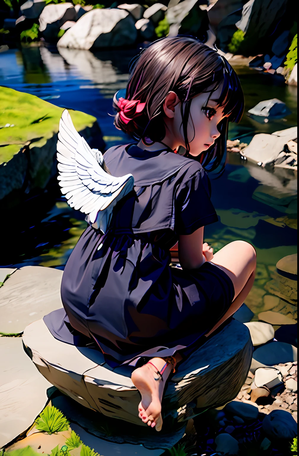 There was a girl sitting on a rock by the river, Guviz-style artwork, Loish et WLOP, 3 d anime realistic, Realistic anime 3 D style, guweiz masterpiece, angel girl, angel sitting on a rock, young wan angel, Girl with angel wings, Guviz, Photorealistic anime, of an beautiful angel girl