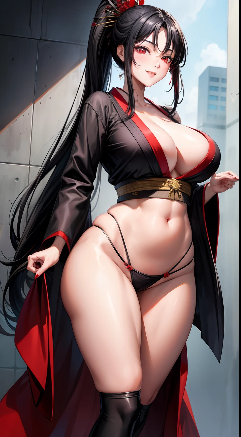 Adult woman, Long black hair, high ponytail, red-eyes, red kimono, open belly, Huge-breasts, open thighs, ssmile, Masterpiece, hiquality