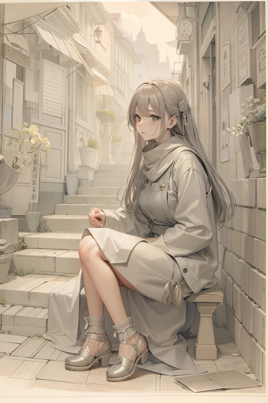 Intricate pencil drawing、裸の少女、Sit down on one knee up、sideways Facing