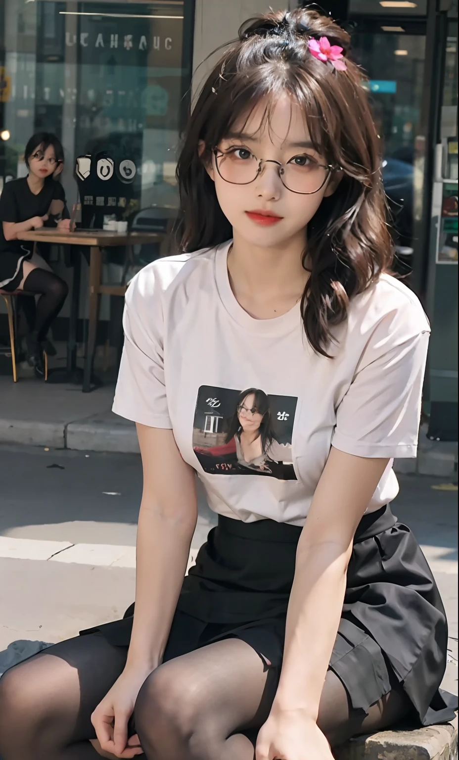 ulzang-6500-v1.1,(RAW photo:1.2), (Photorealistic:1.4), Beautiful Meticulous Girl, very detailed eyes and faces, Beautiful detailed eyes, absurderes, unbelievable Ridiculous, hugefilesize, ultra - detailed, A high resolution, The is very detailed,best qualtiy,tmasterpiece,((T-shirt )),illustratio,The is very detailed,CG,unified,8k 壁纸,Amazing Cleavage,finely detailled,tmasterpiece,best qualtiy,The is very detailed的 CG unified 8k 壁纸,light in face,cinmatic lighting, 1girll, 16 years old,long white hair,lateral division,(wears glasses),((dynamicposes)),(sexyposture),,(A half body),((Pantyhose)),((Black hip skirt)),((((Sit with your knees folded)))) full length dress :1.1, Super detailed face, Detailed eyes, 二重まぶた, blur backgroun, Slim Faces,