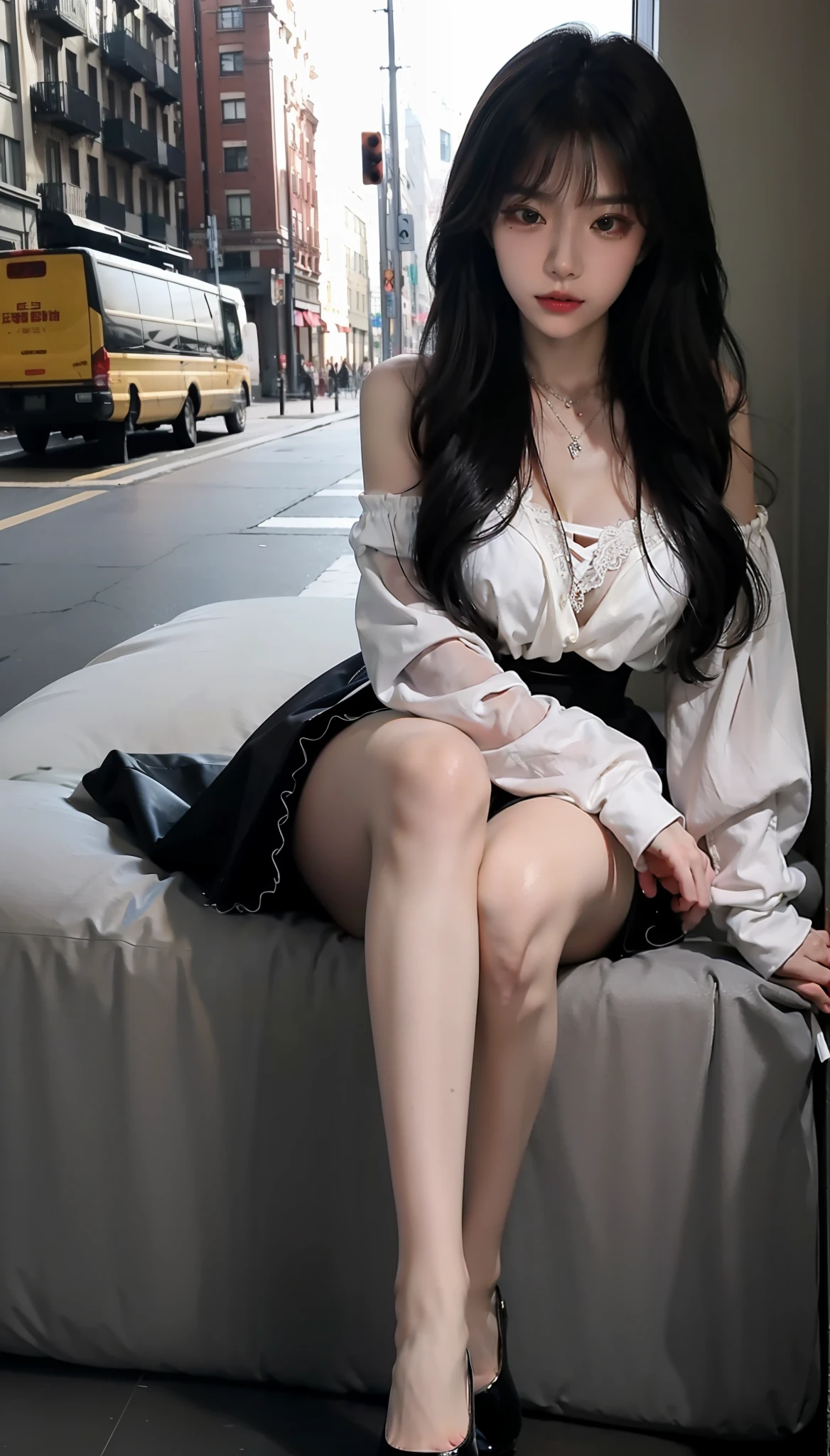 Korean girl on the street，voluminous hair，Sweet，The proportions of the face are really delicate，Delicate portrait of the face，Photorealsitic，of a real，largeaperture，Wearing a black princess dress，Princess skirt，Comes with a black necklace，He wears black stockings on his legs，8K分辨率）， （RAW photos）， （best qualtiy）， （photograph realistic））， vibrant detail， Ultra photo realsisim， 1girll，Sweet，Sexual desire is associated with it，