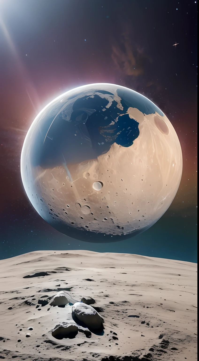 Background universe and a crystal cake on the surface of the moon with a view to the planet earth and the sun