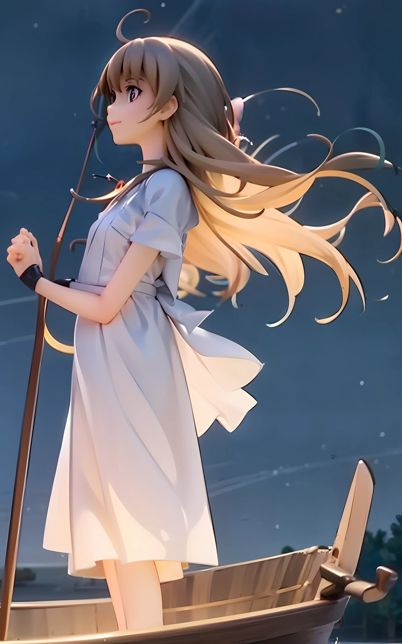1girl, beautiful eye, smile, summer night starry sky reflected on water surface, serene smile, thin eyebrows, white summer dress, lace hem lightly touching the surface of the water, golden hair, medium length, loose waves flowing in the breeze, eyes shimmering like stars, laying in a small boat, background of a lake under a star-filled sky, dress billowing gently, soft light from the stars illuminating her, hair catching the gleam of the stars, face turned upwards towards the night sky, hands clasped over her stomach, a sense of tranquility in her posture, delicate sandals resting beside her, ripples expanding outwards where the hem of her dress touches the water, twinkling stars reflected in her wide eyes, silhouette of distant trees on the shoreline, the Milky Way stretching out overhead, boat gently rocking with the rhythm of the lake, sound of night-time insects adding to the atmosphere, serene expression mirroring the calm water, the splash of a distant fish, glow from the stars casting a celestial glow over the scene, a shooting star streaking across the sky, hint of wonder in her gaze, luminous night sky mirrored in the still water, soft waves lapping at the boat, peace and quiet of the summer night, her figure bathed in the ethereal starlight, creating a mystical aura, atmosphere of stillness and contemplation,