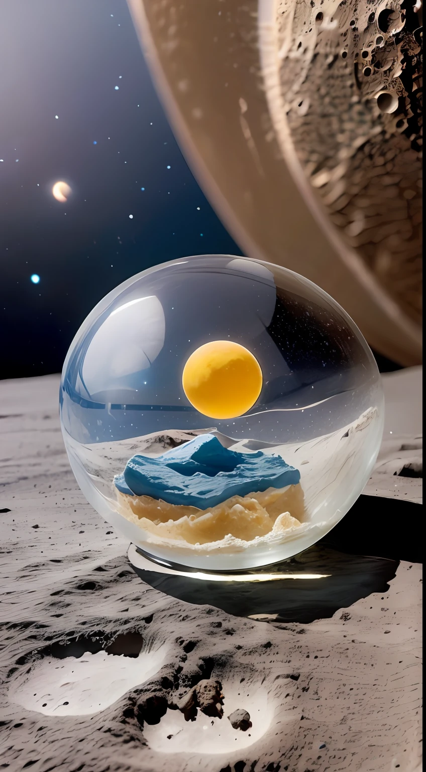 Background universe and a crystal cake on the surface of the moon with a view to the planet earth and the sun