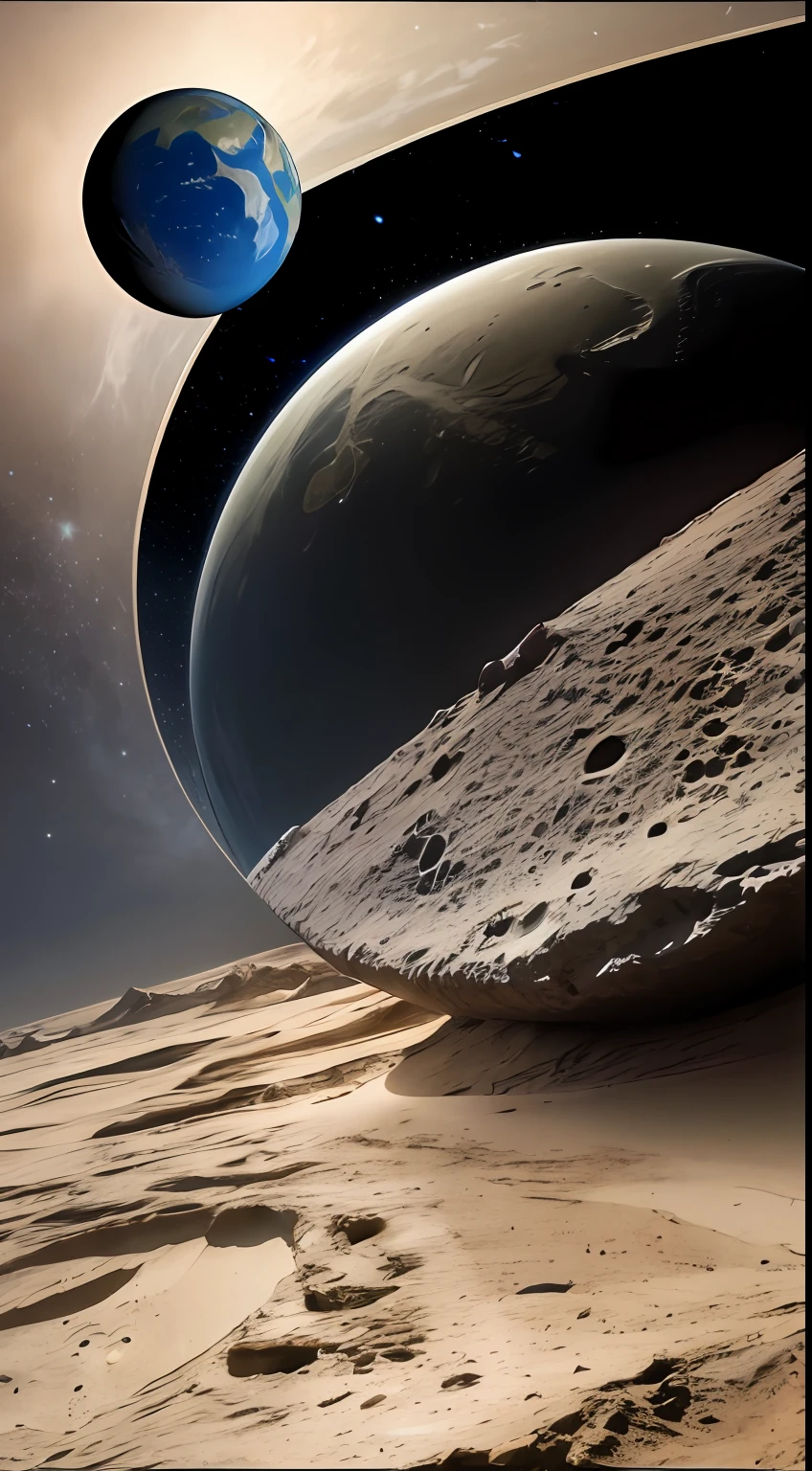 Background universe and a crystal cake on the surface of the moon with a view to the planet earth and the sun