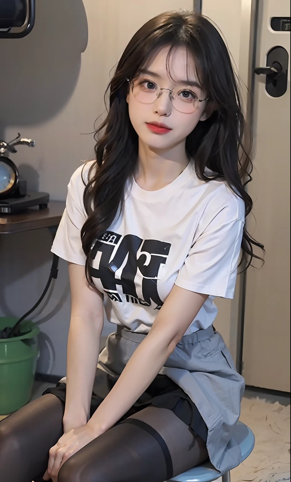 ulzang-6500-v1.1,(RAW photo:1.2), (Photorealistic:1.4), Beautiful Meticulous Girl, very detailed eyes and faces, Beautiful detailed eyes, absurderes, unbelievable Ridiculous, hugefilesize, ultra - detailed, A high resolution, The is very detailed,best qualtiy,tmasterpiece,((T-shirt )),illustratio,The is very detailed,CG,unified,8k 壁纸,Amazing Cleavage,finely detailled,tmasterpiece,best qualtiy,The is very detailed的 CG unified 8k 壁纸,light in face,cinmatic lighting, 1girll, 16 years old,long white hair,lateral division,(wears glasses),((dynamicposes)),(sexyposture),,(A half body),((Pantyhose)),((Black hip skirt)),((((Sit with your knees folded)))) full length dress :1.1, Super detailed face, Detailed eyes, 二重まぶた, blur backgroun, Slim Faces,