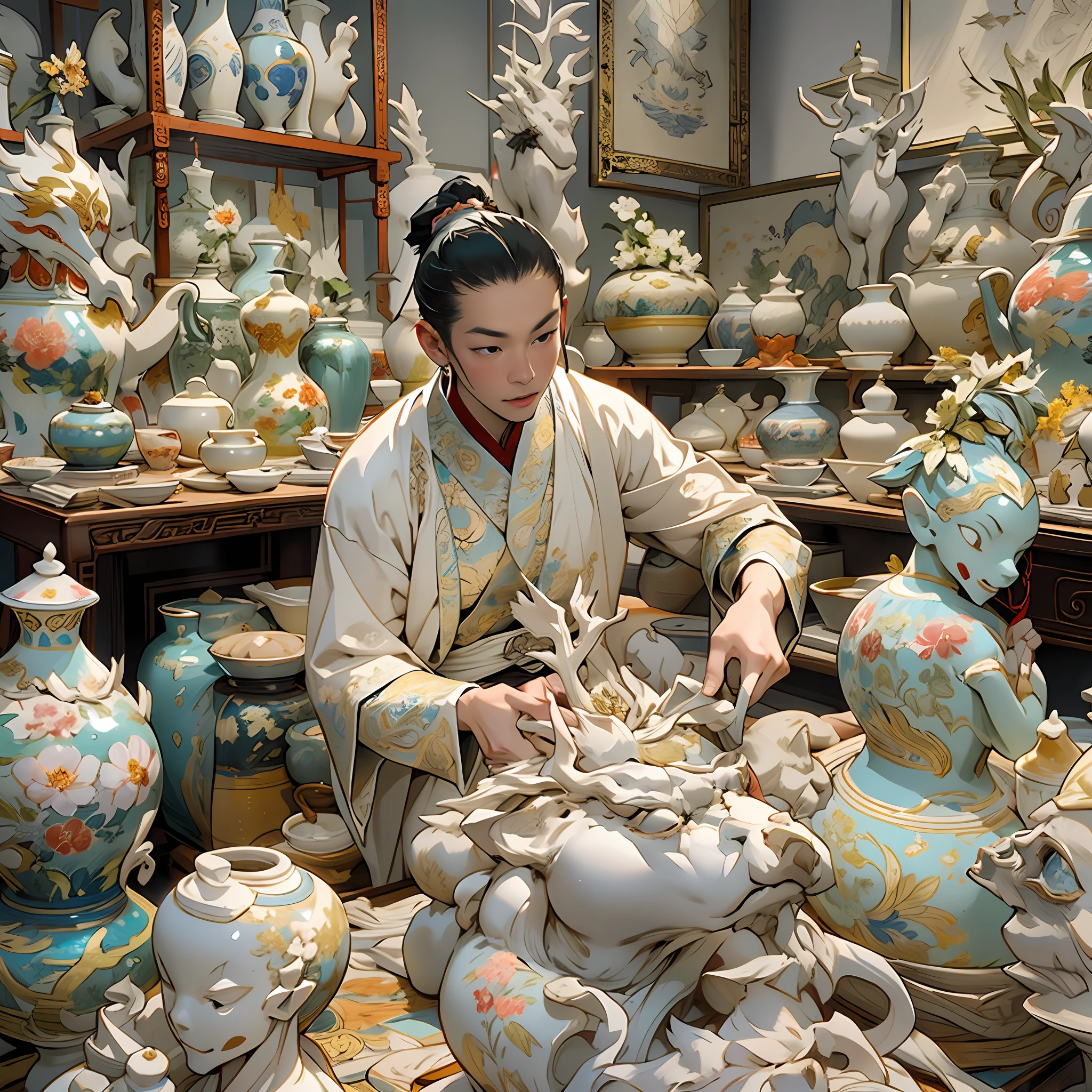 bustling ceramic master in the royal porcelain atelier, skillfully molding clay into intricate porcelain sculptures, masterful technique, graceful movements, serene and focused expression, flowing silk robes with vibrant floral patterns, rich and bold color palette, soft diffused lighting creating a dreamy ambiance, Qing Dynasty style, by Lang Shining