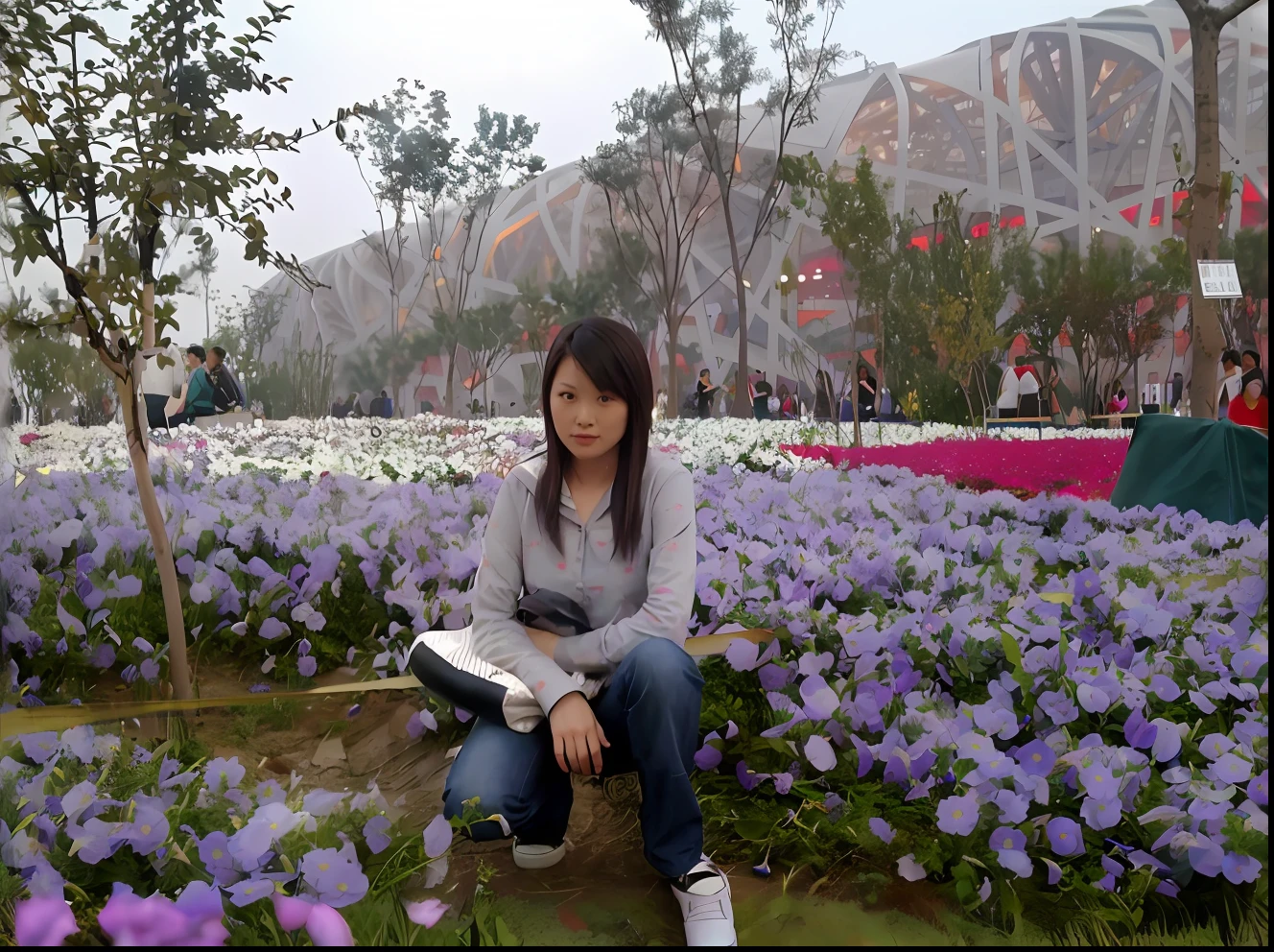 Moderne woman sitting in a purple flower field, with flower fields as foreground, on the garden, standing in flower field, sitting with flowers, Qiu Fang, standing in flower field, Wu Liu, beijing, ancient garden behind her, Photo ( far _ Shot ), With flowers, Girl in flowers, lei min, wei wang, xintong chen