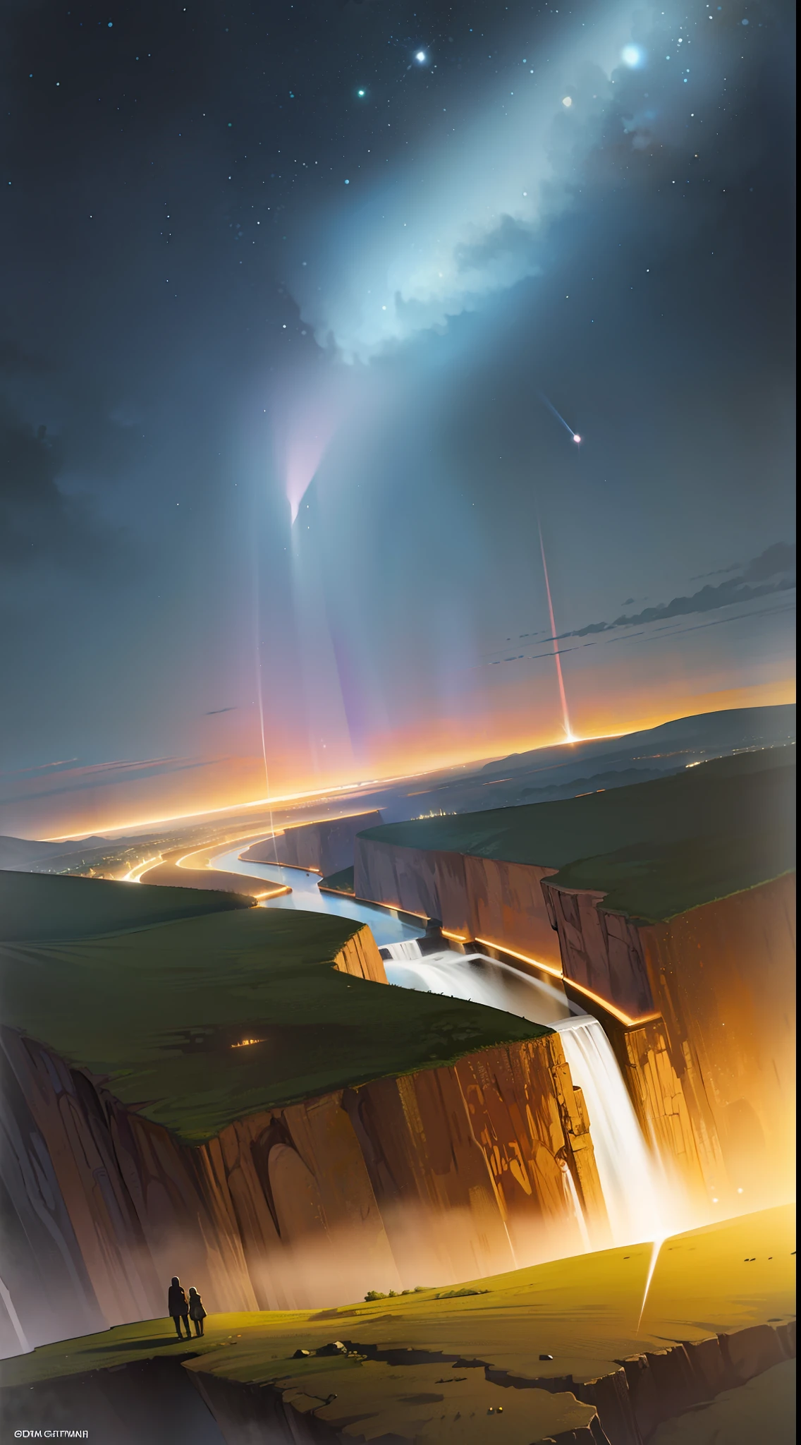 Landscape advantage, Extreme detail, Exploding sky, Night sky, River, Milky Way, fantasy, Dream Core, woods. louka, Natural landscape, Dawn of the Sun., meteors, flash lights, Northern Lights, Clouds， meteor shower, , Realism, Realism, surrealism, romanticism lain, Vignetting, Sparkle, surrealism, romanticism lain, Vignetting, High detail, Luminism, En plein air, Masterpiece, Best quality, 16k，Local characters。（Sky-to-ground scale：4:6）