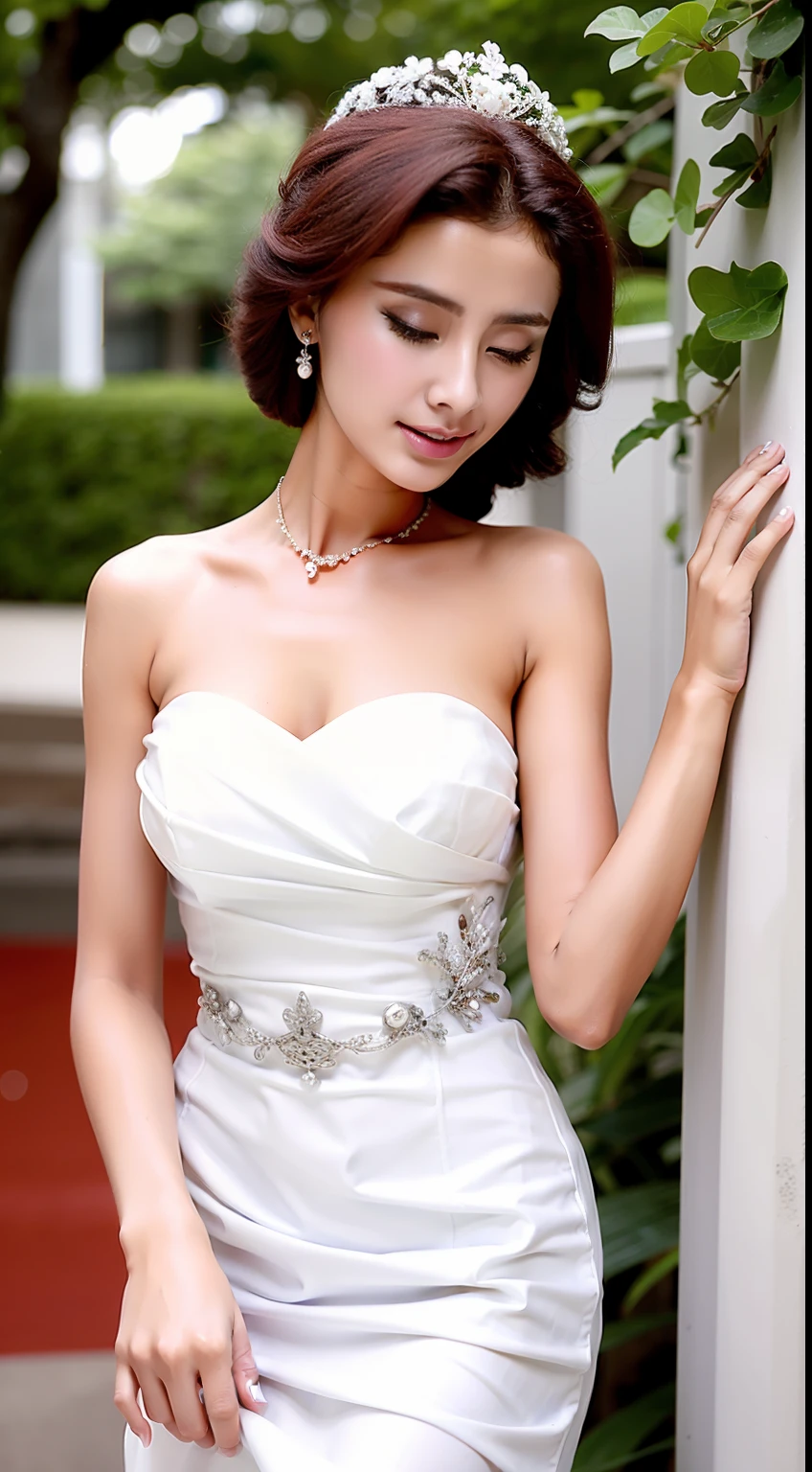 Fashion model 18 years old [[[[closeup cleavage]]]], [[[[boobgasm]]]], [[[[coll]]]], [[[[bshoulders]]]], perfect  eyes, Perfect iris，Perfect lips，perfect teeth，Perfect skin，Long face，slender nose，Soft front light，hdr，Movie girl，Red cheongsam，Green cheongsam，White cheongsam，long whitr hair，Long hair with a shawl，Long hair like a waterfall，Green trees and flowers in the background，（pastel colour：1.2）
