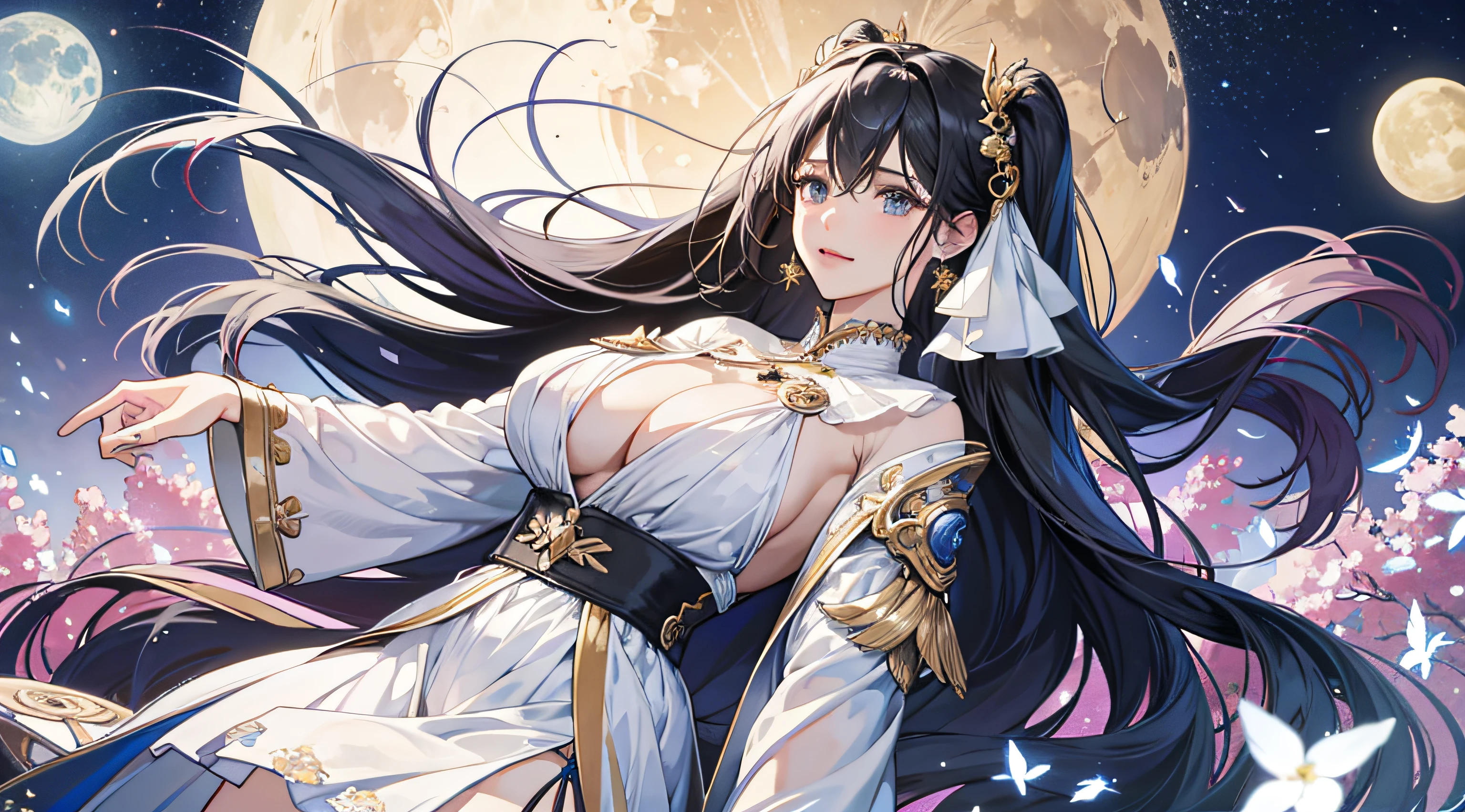 （（best qualtiy））， （（tmasterpiece）） themoon， god of moon， goddes， florals，nakeness，1girll，huge tit，Breast patches
