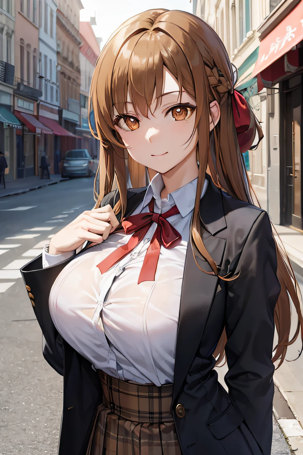 asunayuuki, asunayuuki, Long hair, Brown hair, (Brown eyes:2), BREAK skirt, Shirt, Long sleeves, bow ribbon, School uniform, Jacket, White shirt, Red Ribbon, Black jacket, closed jacket, Neck ribbon, huge long breasts, Naughty big、Big breasts emphasis, BREAK outdoors, city, BREAK looking at viewer, BREAK (masutepiece:1.2), Best Quality, High resolution, Unity 8k壁纸, (Illustration:0.8), (Beautiful detailed eyes:1.6), extra detailed face, Perfect Lighting, extremely details CG, (Perfect hands, Perfect Anatomy),a smile