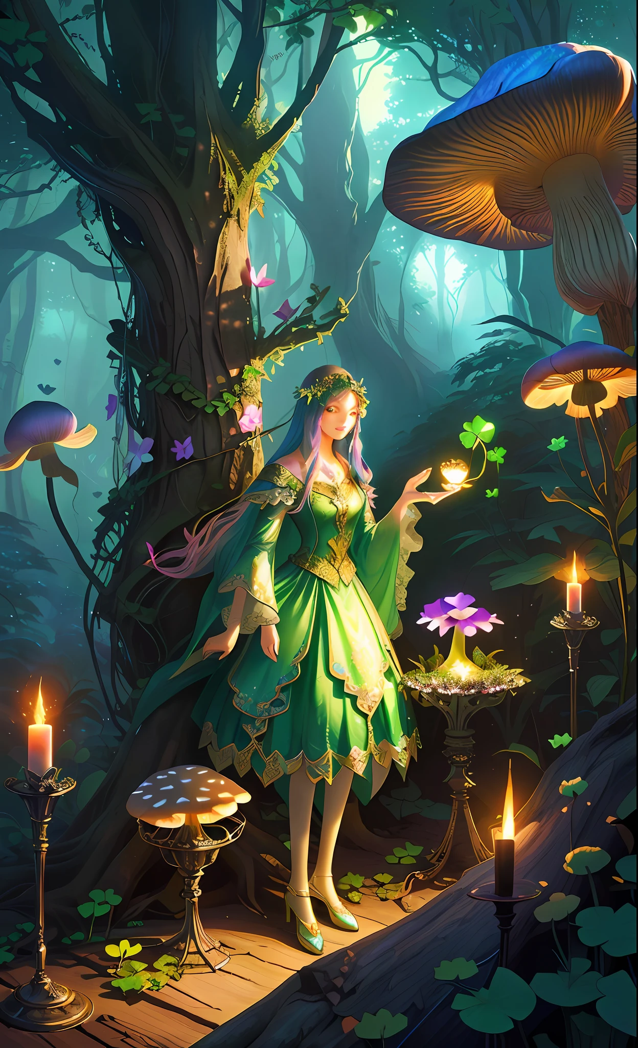 Dream Tree House，A glittering tree blooms in the center，Beautiful digital art in a magical fantasy forest，That magical tree in the magical fantasy forest，Dream Tree House，Colorful digital art in fantasy art style，Detailed and gorgeous digital 2D fantasy art，A tree house full of magic，Colorful concept art in digital 2D fantasy art，Fantastic atmosphere in a magical forest，Mushroom forest with glass goblet，s fractal art，morning glory，butterflys，lotuses，four-leaf clover，morning glory，Cyber Mushroom Forest，Ultra-detailed digital fantasy art。Mushrooms are everywhere in the picture，The unique mushroom shape creates a magical casa scene