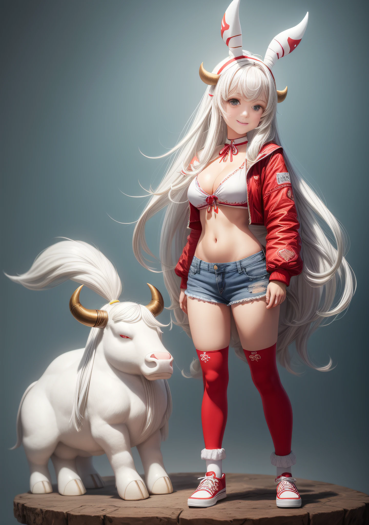 (White gradient background:1.6),(in a panoramic view:1.2,full bodyesbian:1.2),1个Giant Breast Girl,anatomy correct,There is a bull next to it,(denim short,red legwear,small vest,Red coat,Red shoes),smallunderboob,Bull-shaped headdress,long whitr hair,ssmile,(The clothes and socks are printed with a bull-shaped pattern:1.6),perfectly proportions,extremelydetailedface,(Best quality at best,high detal,tmasterpiece,offcial art,movie light effect,4K)