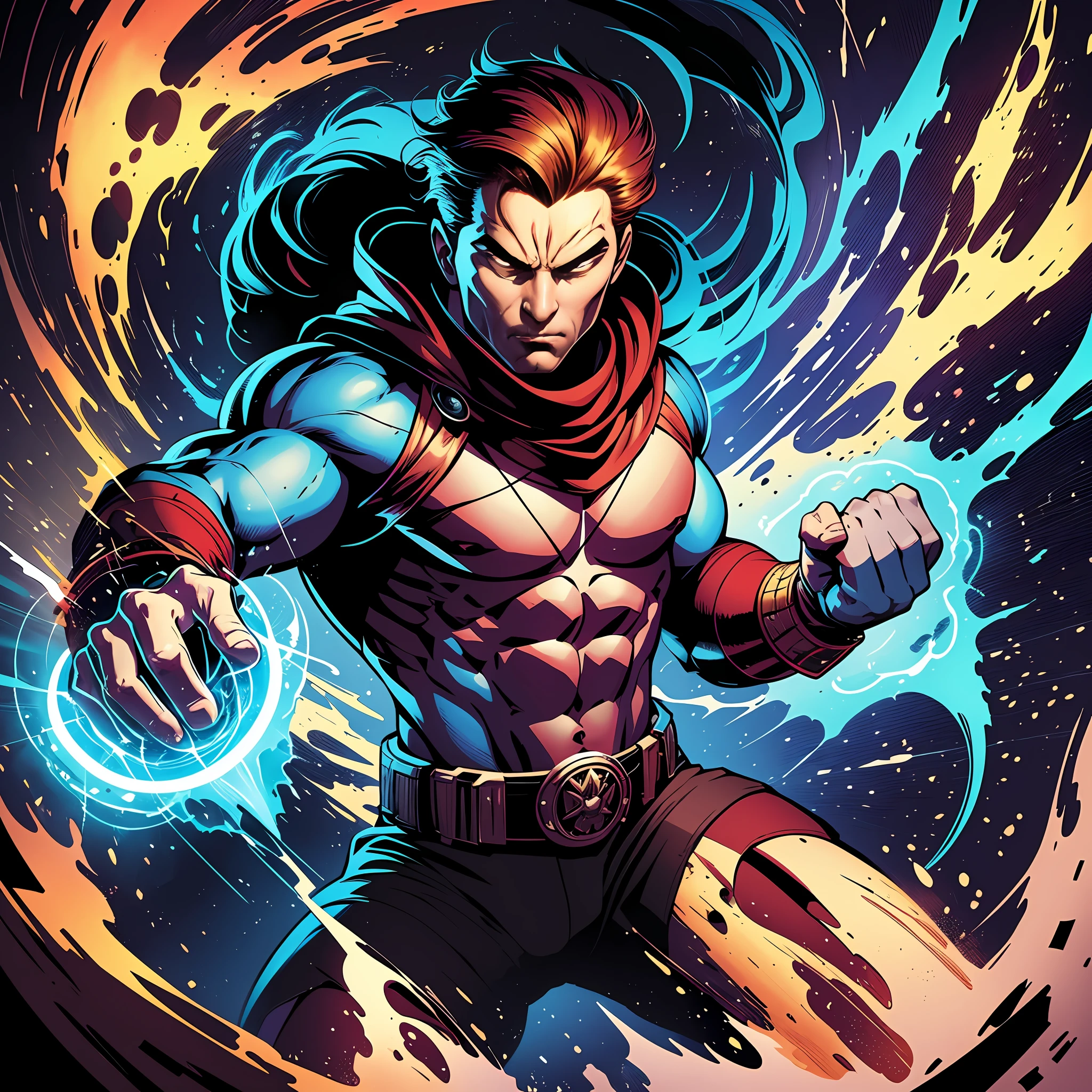 "A man wielding supreme power, toppling everything in his path, in a graphic art design. The man should embody raw power, determination, and control, making his strength palpable even through a static image. His action should be dynamic, perhaps caught mid-swing in a forceful motion that conveys the sheer force he possesses. The art should be created in a bold, graphic style, possibly using contrasting colors for impact. The size should be suitable for a poster design, about 24x36 inches, and have a high resolution of 300 DPI. The lighting should be dramatic, emphasizing the intensity of the scene." --auto --s2