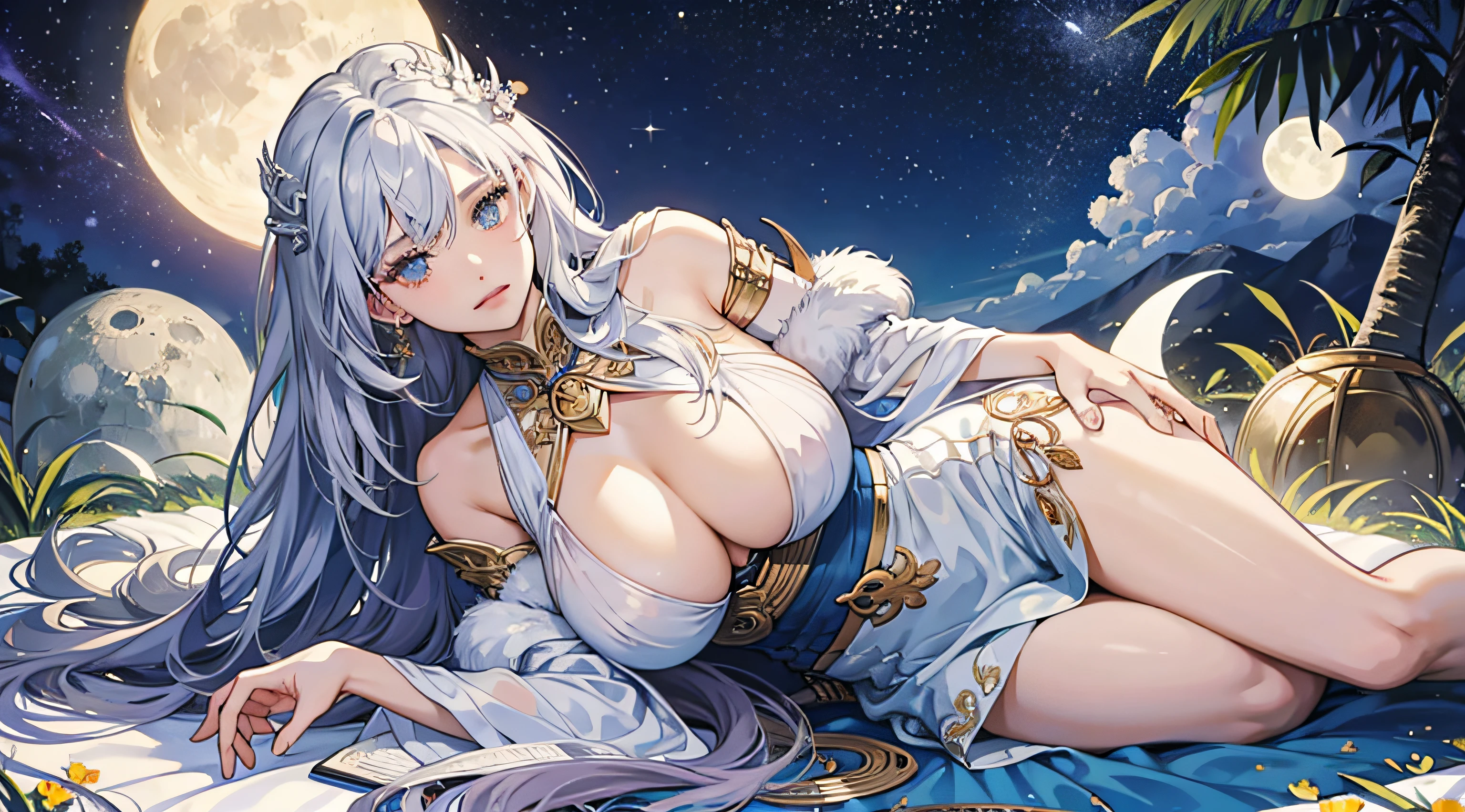 ((best qualtiy)), ((tmasterpiece)) themoon, god of moon, goddes, florals,nakeness,1girll,huge tit,Breast patches