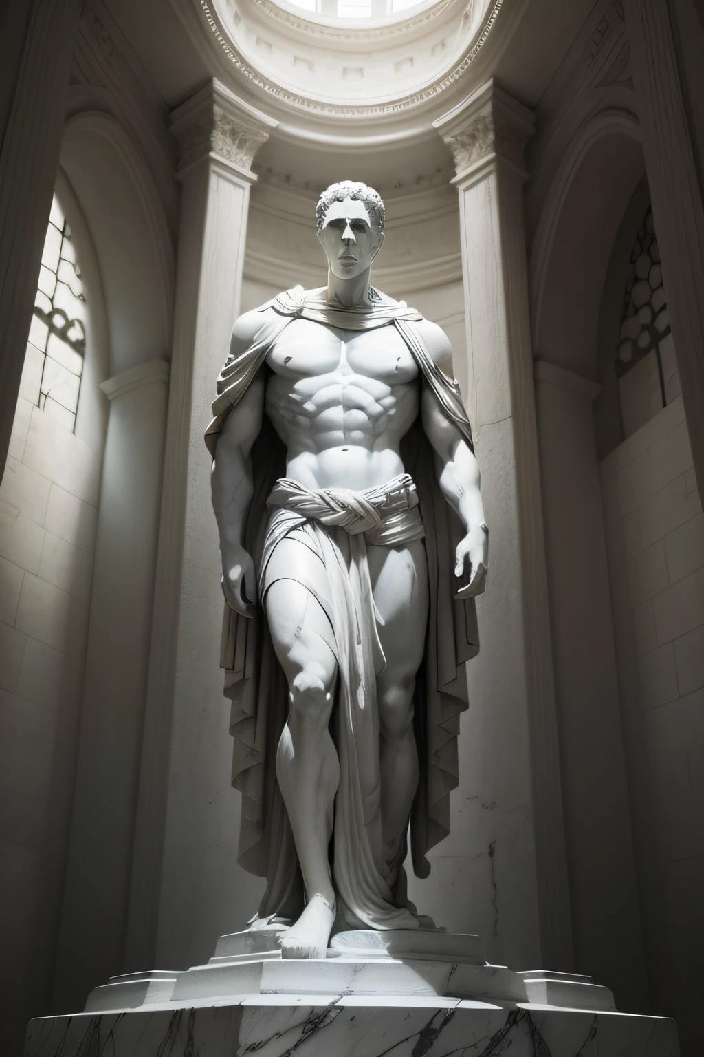A realistic white Greek Julius Caesar marble statue wearing a ghostly toga, fundo neutro, Moody, , fotorrealista, cinematographic scene, super detalhada, Hiper realista, pixel sorting, arquitetura brutalista, concreto, Grotesque Building, massive concrete structure standing on a rigid cliff, strata incisions, casting dramatic axes of light, sombras longas, aesthetic slate