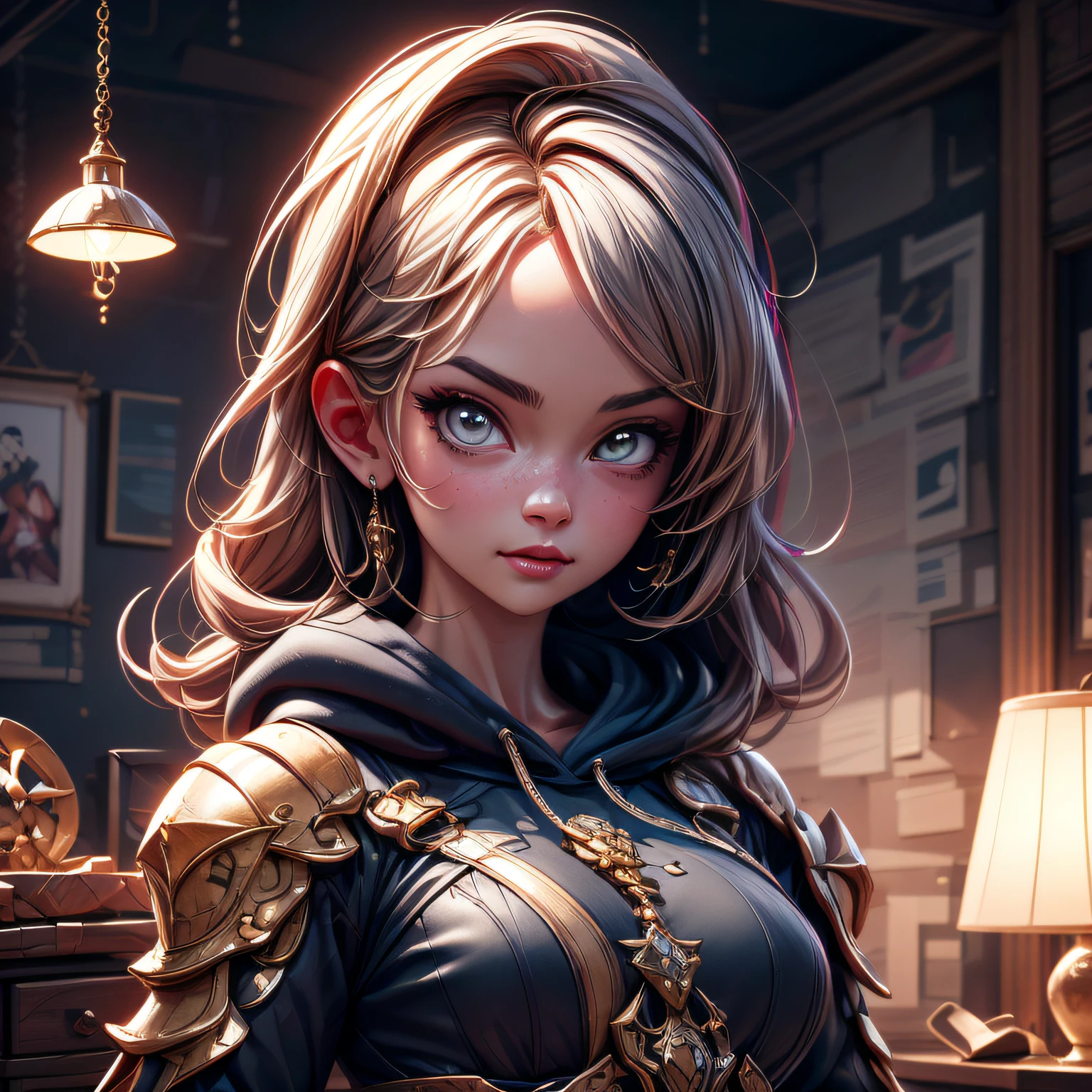 anime 1girl in her room, best quality digital illustration by wlop and artgerm, gorgeous lighting, detailed anime art, high quality, sharp focus, beautiful scene, detailed fur, detailed fur face with a black hoodie, detailed armor, portrait, detailed clothes, detailed background, artstation, realistic, expressive face, detailed hands, detailed eyes, artstation, insanely detailed, wallpaper, 8k, masterpiece