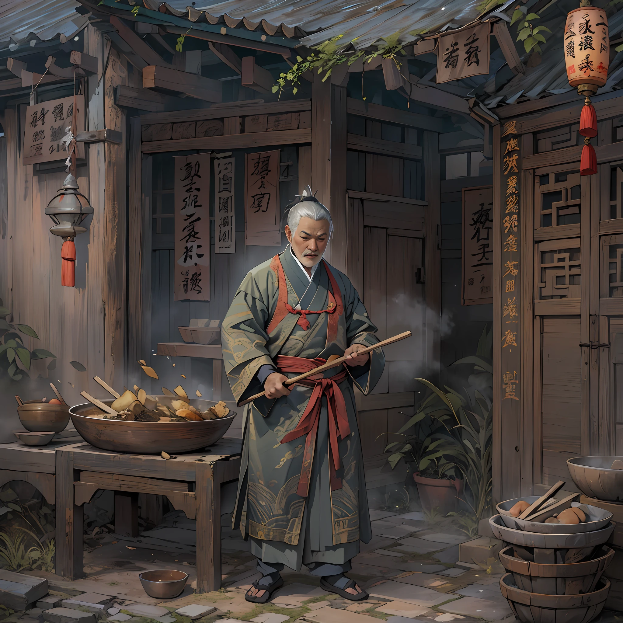 A man dressed in an ancient Chinese chef's costume, Woks and shovels in hand, Surrounded by old kitchen buildings and palaces、Scenery and other scenery.,in the style of the stars art group xing xing, 32K, Best quality, Masterpiece, Super detail, High details