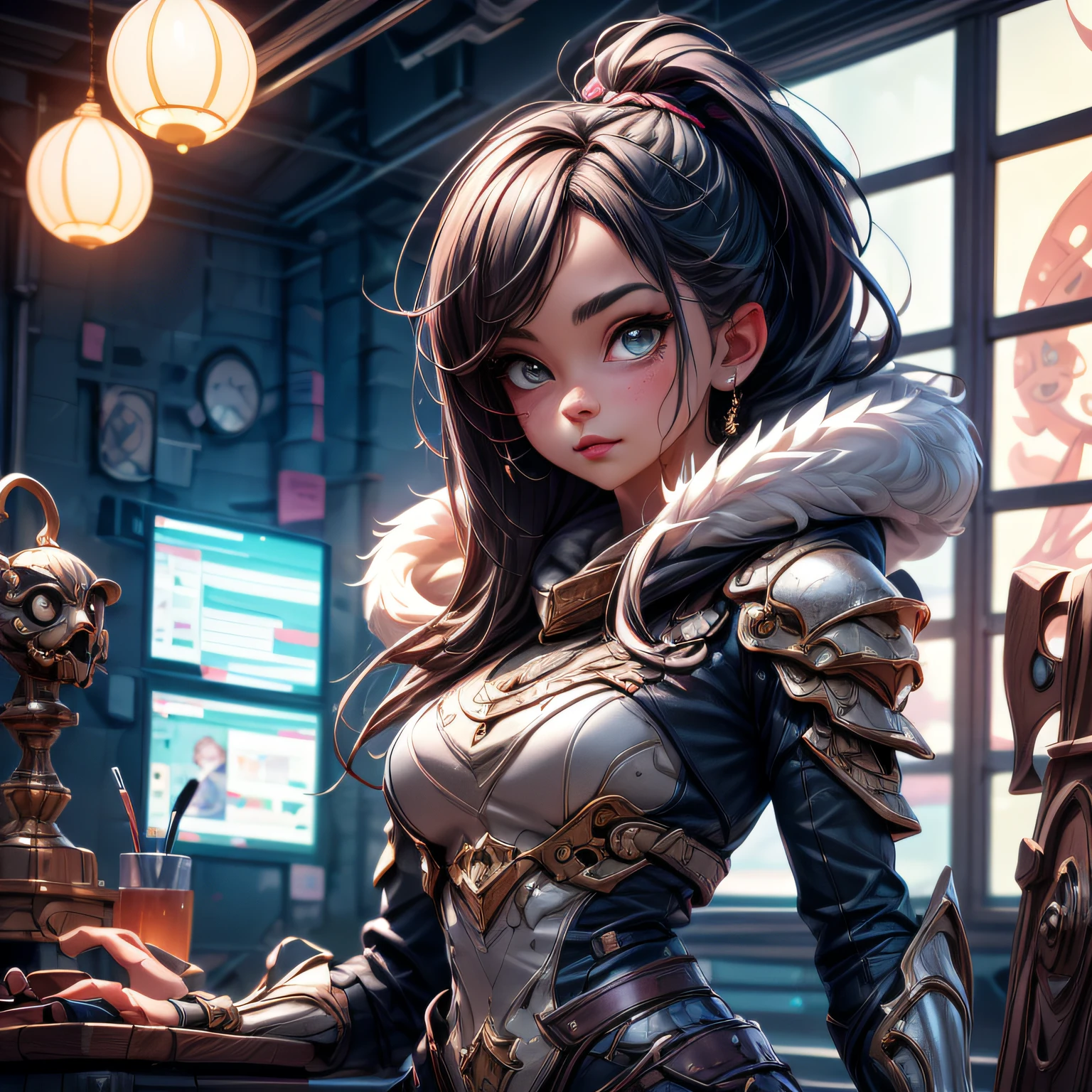 anime 1girl in her room, best quality digital illustration by wlop and artgerm, gorgeous lighting, detailed anime art, high quality, sharp focus, beautiful scene, detailed fur, detailed fur face with a black hoodie, detailed armor, portrait, detailed clothes, detailed background, artstation, realistic, expressive face, detailed hands, detailed eyes, artstation, insanely detailed, wallpaper, 8k, masterpiece