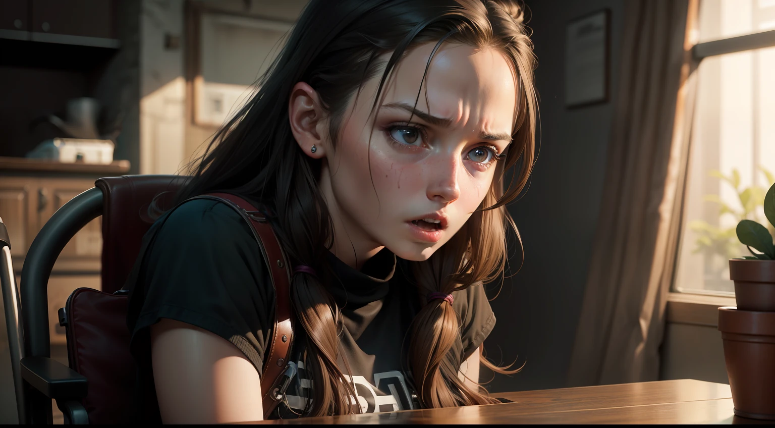realistic, A in a wheelchair, positioned in the background of the scene, alone, realistic face expressing fear, scared and concern, looking to a table, realistic, hyper realistic, full body, realistic