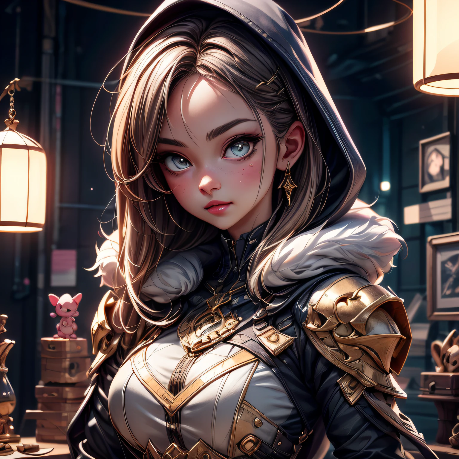 anime 1girl in her room, best quality digital illustration by wlop and artgerm, gorgeous lighting, detailed anime art, high quality, sharp focus, beautiful scene, detailed fur, detailed fur face with a black hoodie, detailed armor, portrait, detailed clothes, detailed background, artstation, realistic, expressive face, detailed hands, detailed eyes, artstation, insanely detailed, wallpaper, 8k, masterpiece