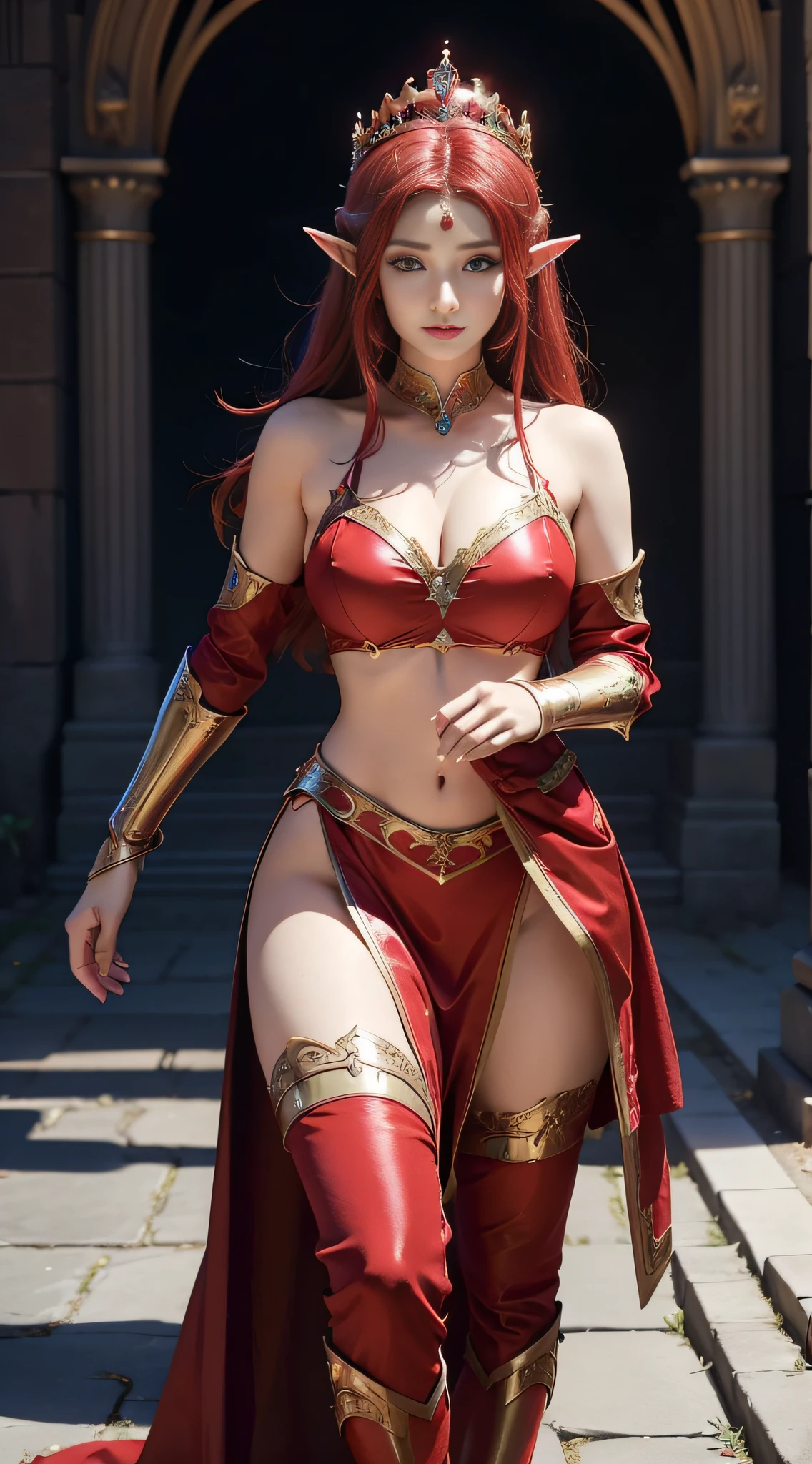 One wearing a red dress,Woman with a crown on her head, Gorgeous Role Play, fantasyoutfit, samira from league of legends, cinematic goddess body shot, alluring elf princess knight, beautiful and elegant elf queen, lady in red armor, beautiful elegant demon queen, fantasy style clothing, Anime girl cosplay, warrior costume, cosplay, ornate bikini armor