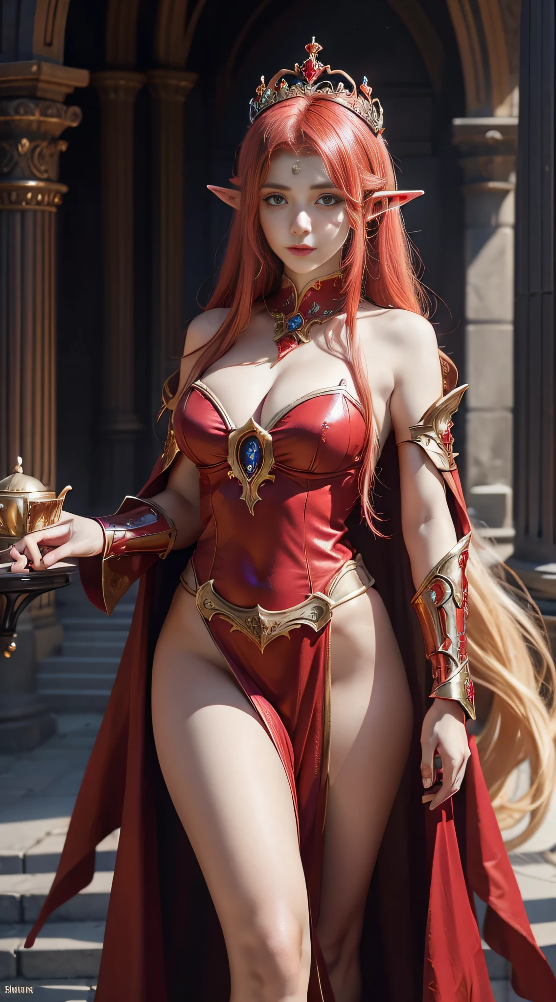 One wearing a red dress,Woman with a crown on her head, Gorgeous Role Play, fantasyoutfit, samira from league of legends, cinematic goddess body shot, alluring elf princess knight, beautiful and elegant elf queen, lady in red armor, beautiful elegant demon queen, fantasy style clothing, Anime girl cosplay, warrior costume, cosplay, ornate bikini armor