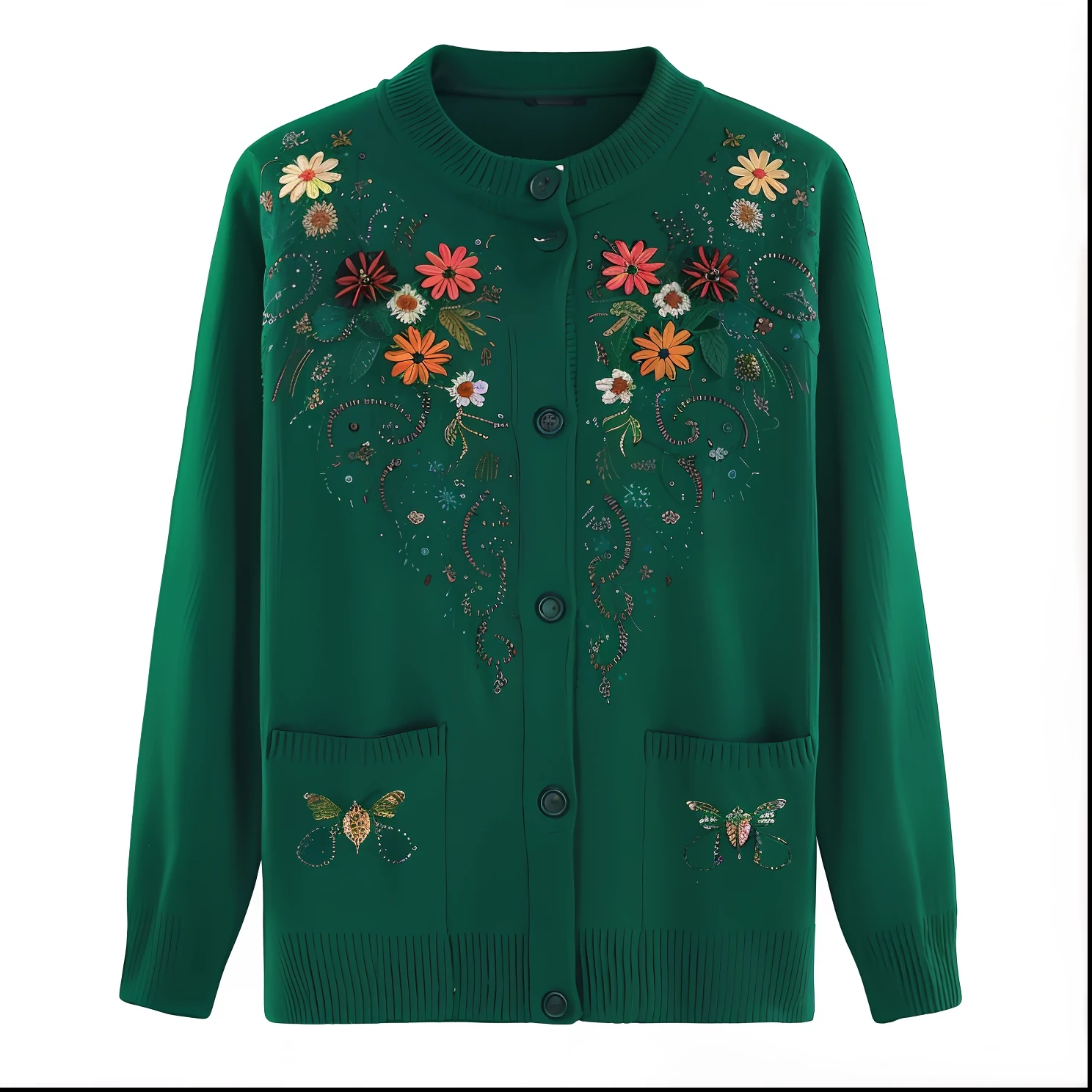 Green cardigan sweater,Flowers and butterflies on the front, ornate dark green clothing, Dark green, Femme, nouveau, floral embroidery, 480p, 4 8 0 p, casual green clothing, vintage - w 1 0 2 4, green colored bomber jacket, an elegant green, 1200 crossover, 1 2 0 0 dpi