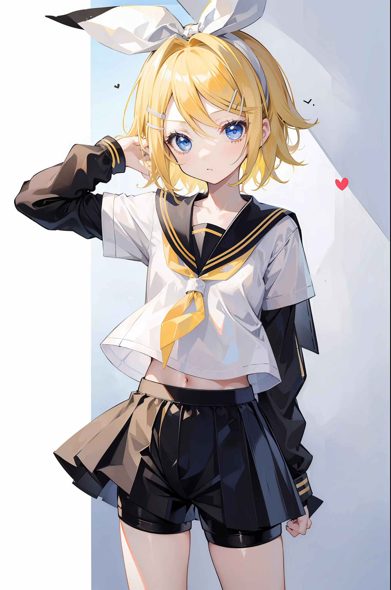 one girl, (Kagamine_Rin), blue eyes, blond hair, short hair, loli, childish, cute, pure, innocent, sailor uniform, (black short pants), standing, cowboy shot, look at you