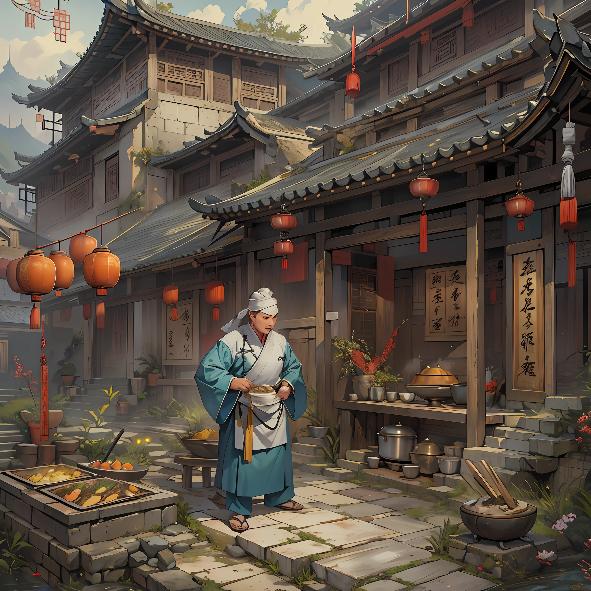A man dressed in an ancient Chinese chef's costume, Woks and shovels in hand, Surrounded by old kitchen buildings and palaces、Scenery and other scenery.,in the style of the stars art group xing xing, 32K, Best quality, Masterpiece, Super detail, High details