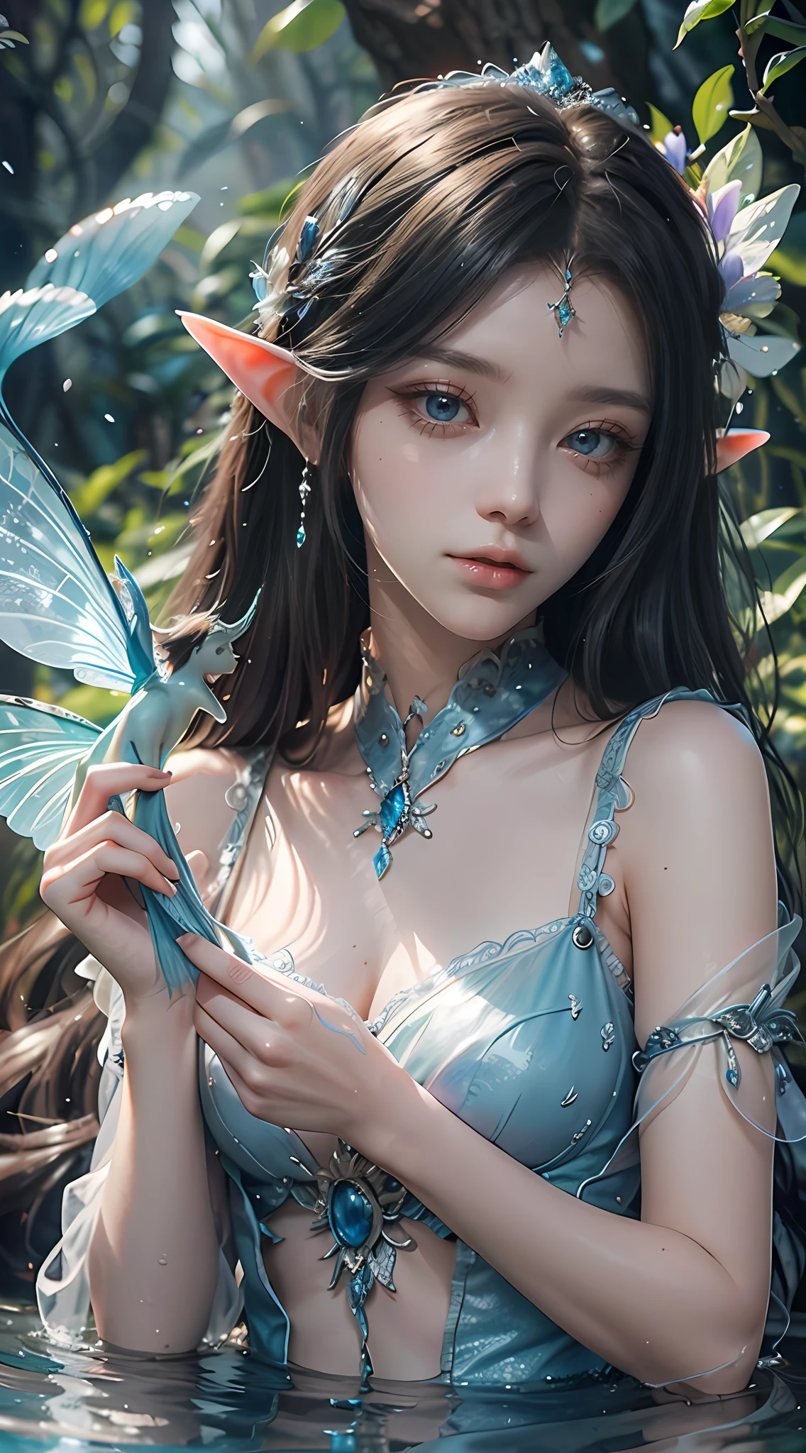 Blue and violet dream color system, sense of fate, best quality, master layout, lighting, mermaid, long fish tail, sea, stone clay, elf, holding mussel pearl, gauze sleeve, water fairy, close-up fantasy and water magic, ethereal fantasy, fairy tale aesthetics, astral fairy, beautiful and elegant elf queen, ethereal fairy tale, beautiful ancient frost witch, fantasy aesthetics! , fairy tale core, anime cosplay, ethereal beauty, fantasy art style, anime girl cosplay, ethereal fantasy, beautiful fairy