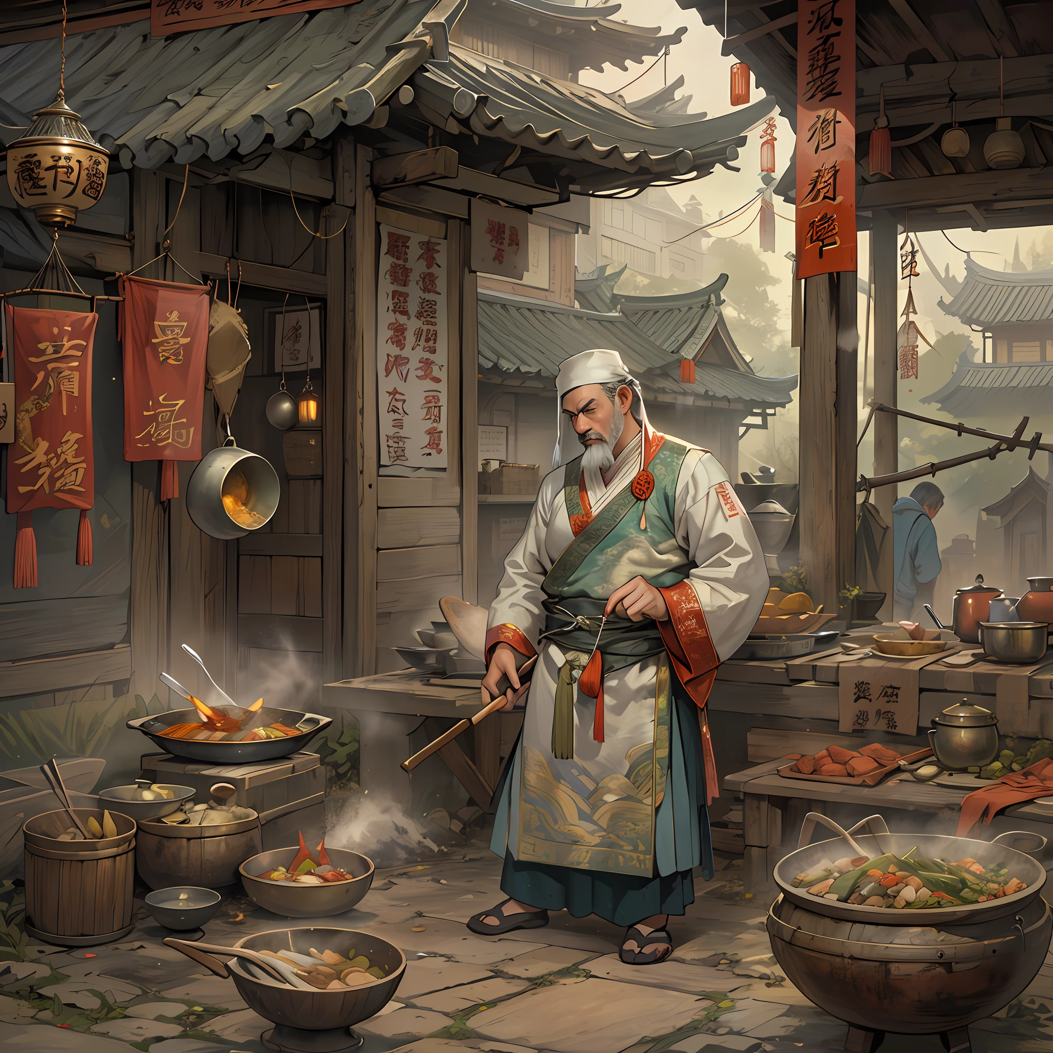 A man dressed in an ancient Chinese chef's costume, Woks and shovels in hand, Surrounded by old kitchen buildings and palaces、Scenery and other scenery.,in the style of the stars art group xing xing, 32K, Best quality, Masterpiece, Super detail, High details
