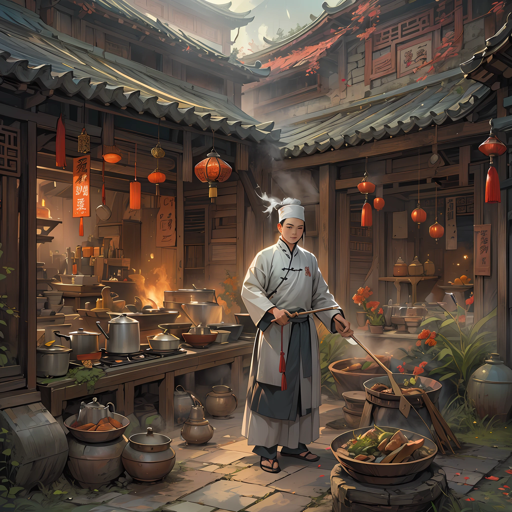 A man dressed in an ancient Chinese chef's costume, Woks and shovels in hand, Surrounded by old kitchen buildings and palaces、Scenery and other scenery.,in the style of the stars art group xing xing, 32K, Best quality, Masterpiece, Super detail, High details