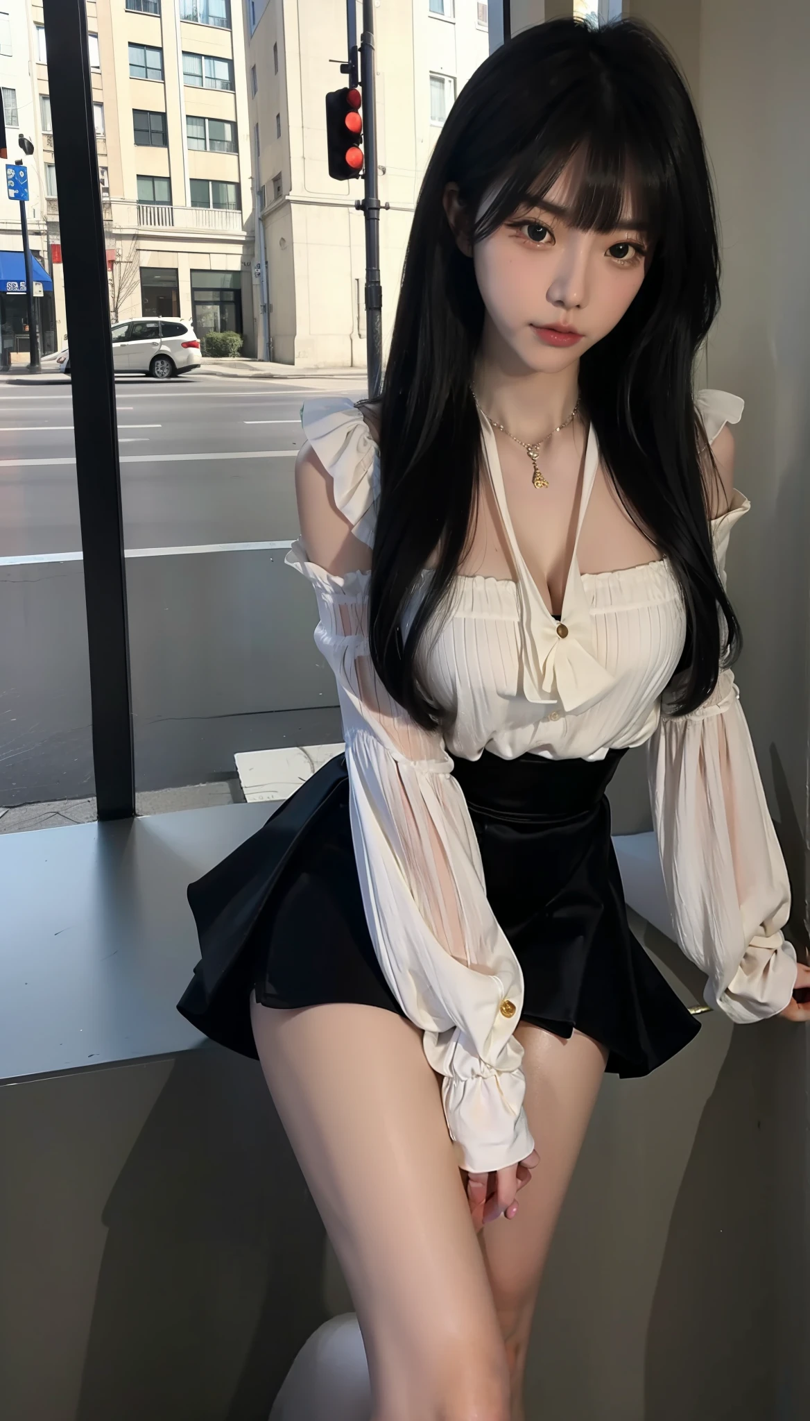 Korean girl on the street,voluminous hair,Sweet,The proportions of the face are really delicate,Delicate portrait of the face,Photorealsitic,of a real,largeaperture,Wearing a black princess dress,Princess skirt,Comes with a black necklace,He wears black stockings on his legs,8K分辨率), (RAW photos), (best qualtiy), (photograph realistic)), vibrant detail, Ultra photo realsisim, 1girll,Sweet,Related to it,