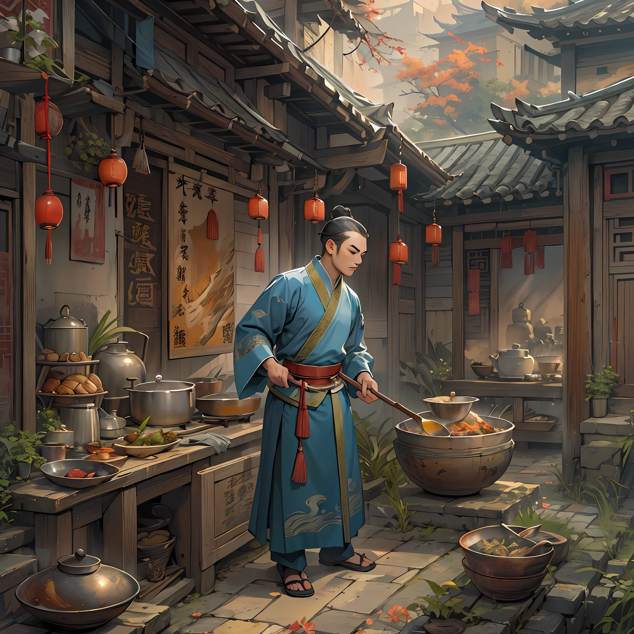 A man dressed in an ancient Chinese chef's costume, Woks and shovels in hand, Surrounded by old kitchen buildings and palaces、Scenery and other scenery.,in the style of the stars art group xing xing, 32K, Best quality, Masterpiece, Super detail, High details