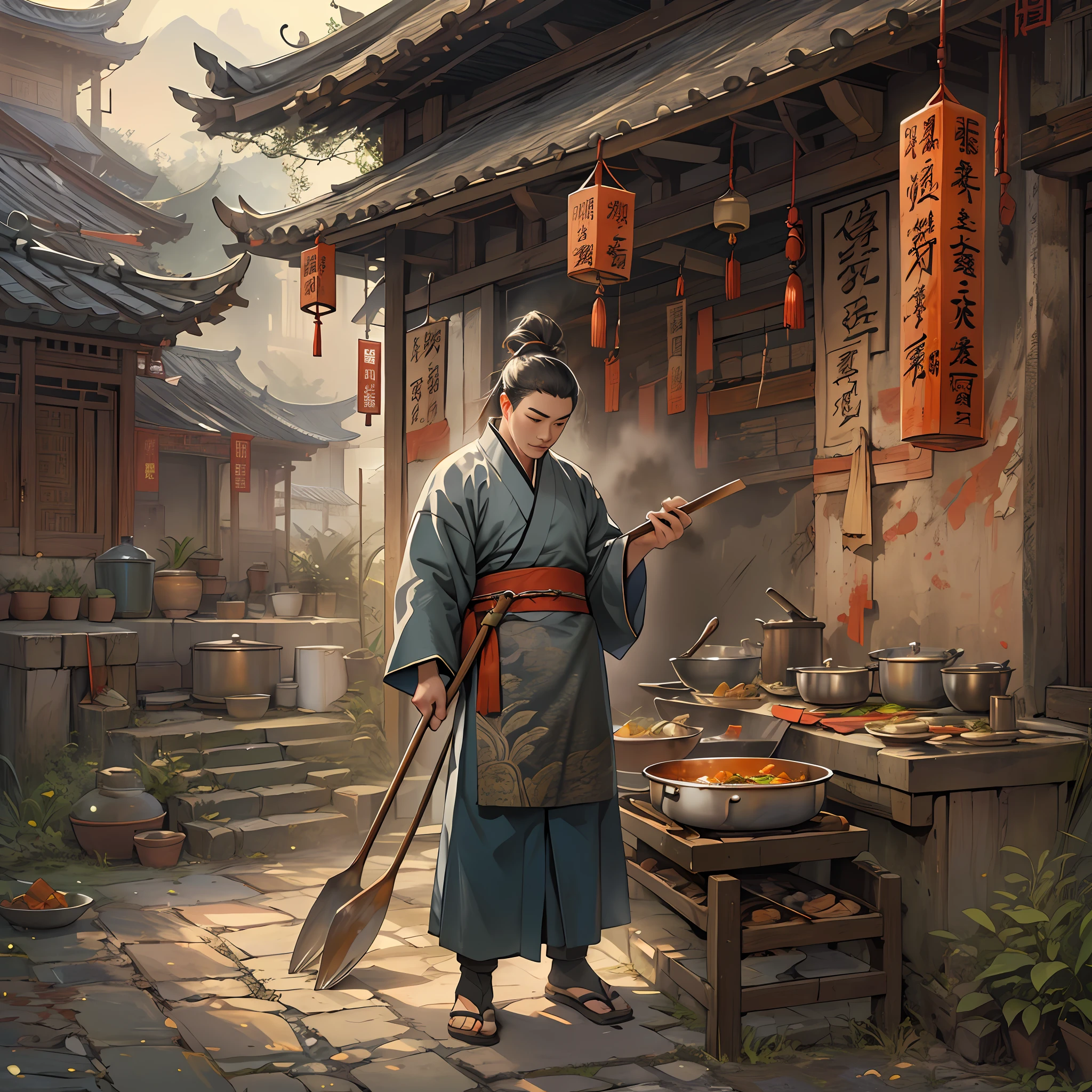A man dressed in an ancient Chinese chef's costume, Woks and shovels in hand, Surrounded by old kitchen buildings and palaces、Scenery and other scenery.,in the style of the stars art group xing xing, 32K, Best quality, Masterpiece, Super detail, High details