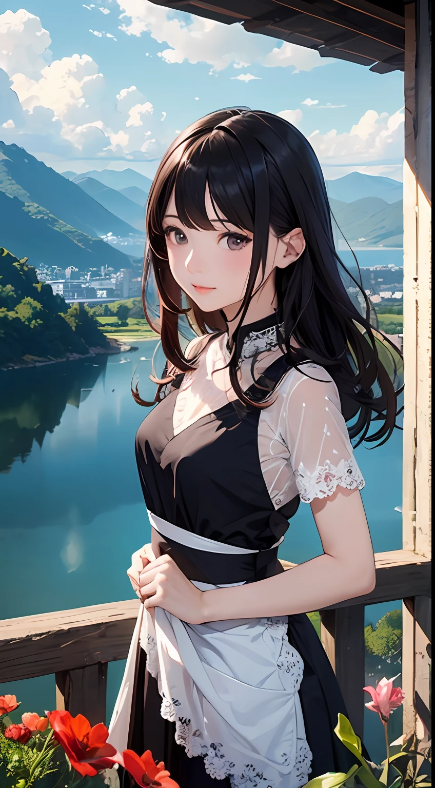 (Close-up of the painting style,8k ultra high definition,Masterpiece grade vista CG wallpaper),Beautiful skyline,Magnificent sky,美丽细致的眼睛,cute girly,Perfect slim body,shift dresses,Pure eyes,The skin is smooth like a baby,Stand on a high cliff,Overlooking the earth,Skysky,lakes,waterfallr,Colorful flowers and plants。