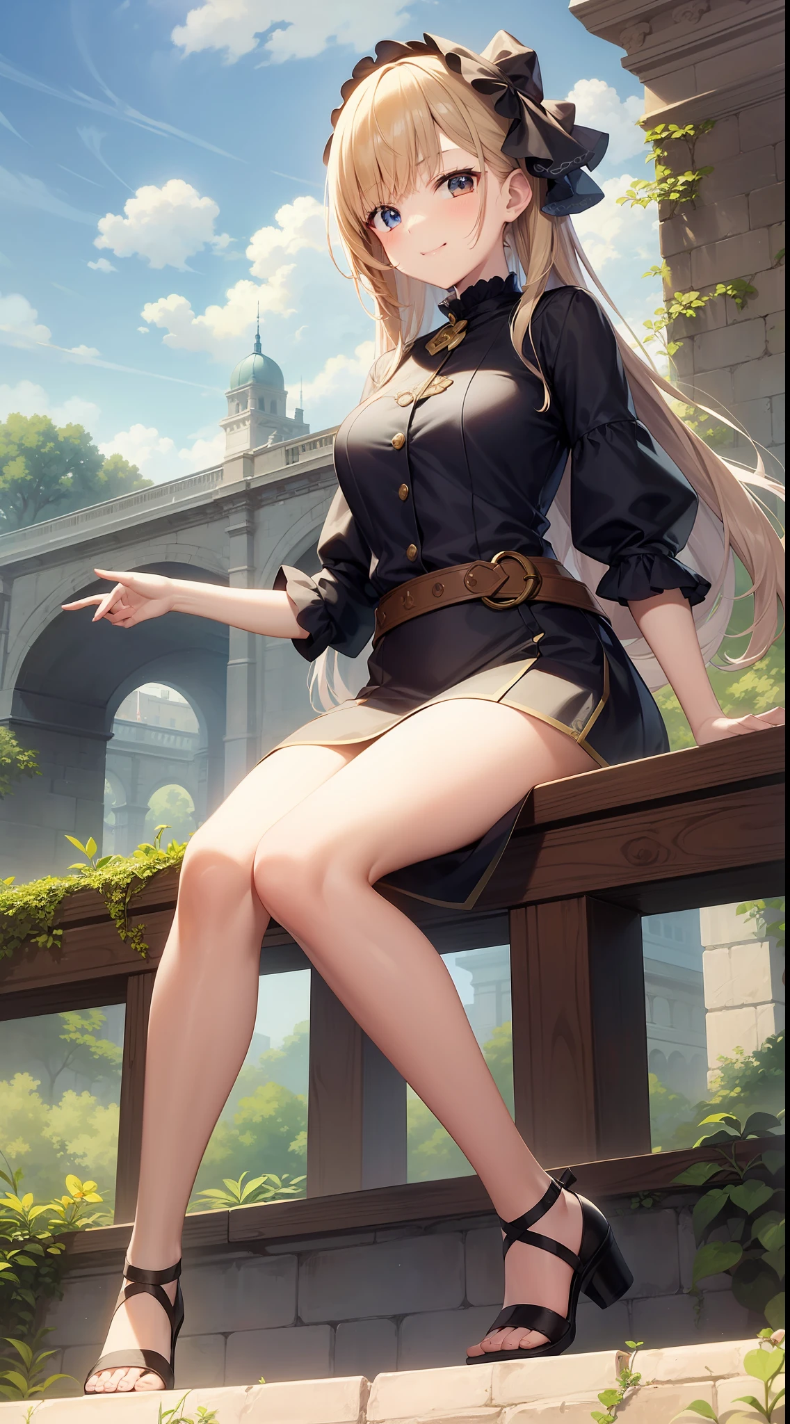 Great masterpiece、hight resolution、1girl in、Perched on the parapet of the bridge、A slight smil、Cute anime illustration、