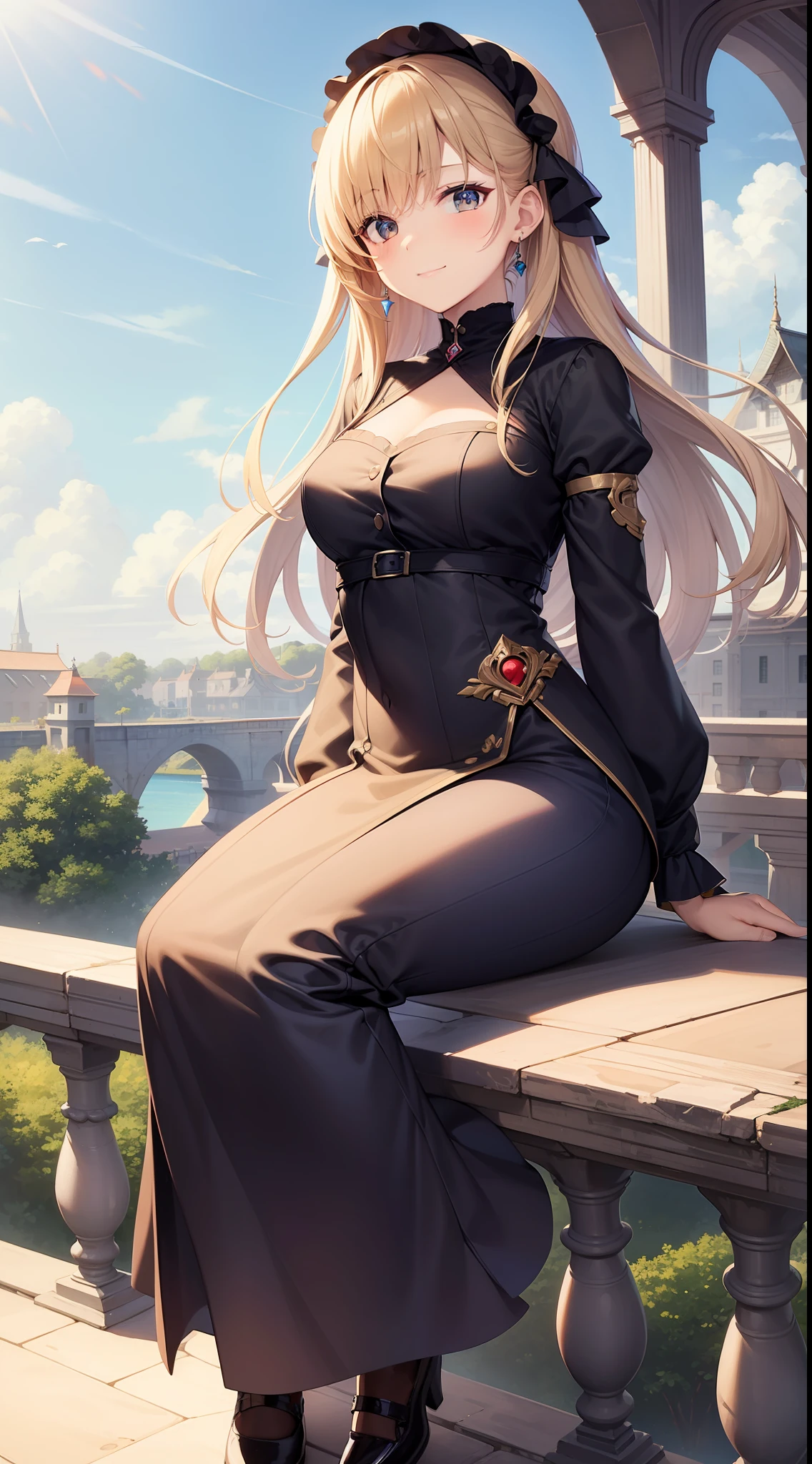 Great masterpiece、hight resolution、1girl in、Perched on the parapet of the bridge、A slight smil、Cute anime illustration、