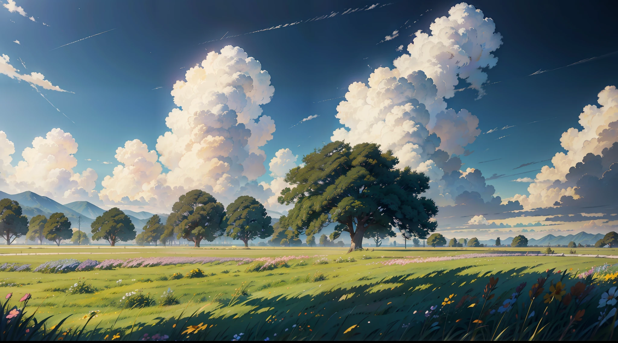 pintura de um campo de flores, margaridas brancas, gramado verde, with a blue sky background with white clouds, dia lindo, vivid, (sem desfoque) ( ( Makoto Shinkai ) ), studio glibly makoto shinkai, bela cena de anime, fundo do filme anime, Fundo do anime, anime bela cena de paz, Estilo Makoto Shinkai, arte de fundo do anime, Por Makoto Shinkai, Por Makoto Shinkai
