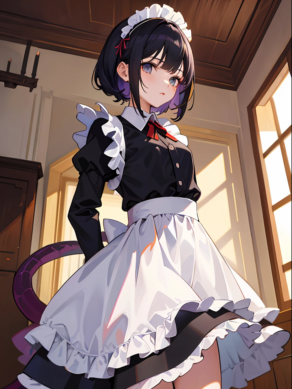 1girll,End,the maid outfit,inside in room,Put your hands behind your back,The dragon's tail sticks out from under the skirt