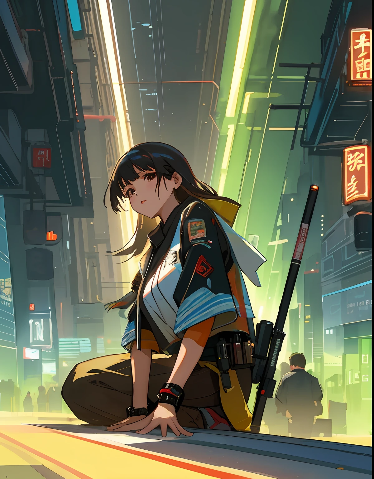 A beautiful Asian woman, wearing street urban wear clothing, beautiful details, rich light, beautiful brown eyes, comfortable wear, cyberpunk, futuristic crowded busy and chaotic city, aurora borealis, watercolor, ink painting, harmonious and unified tone, perfect art, fresh color background, ancient Chinese artist Qiu Ying style, soft shadow, Clean sharp focus, cinematography, center composition, poster design, cinematography, Panorama, 32K, -- v 6