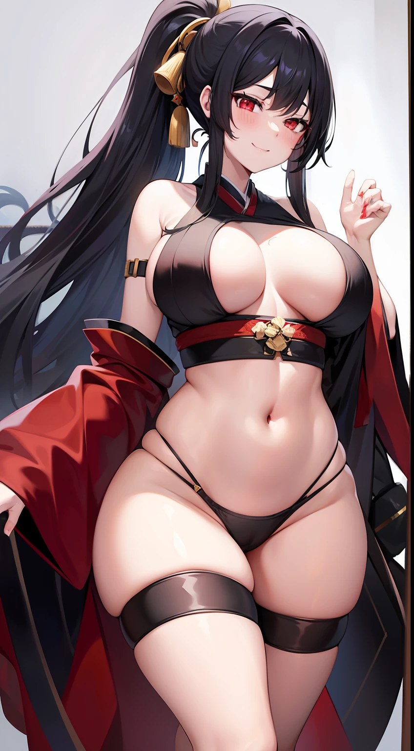 Adult woman, Long black hair, high ponytail, red-eyes, red kimono, open belly, Huge-breasts, open thighs, ssmile, Masterpiece, hiquality